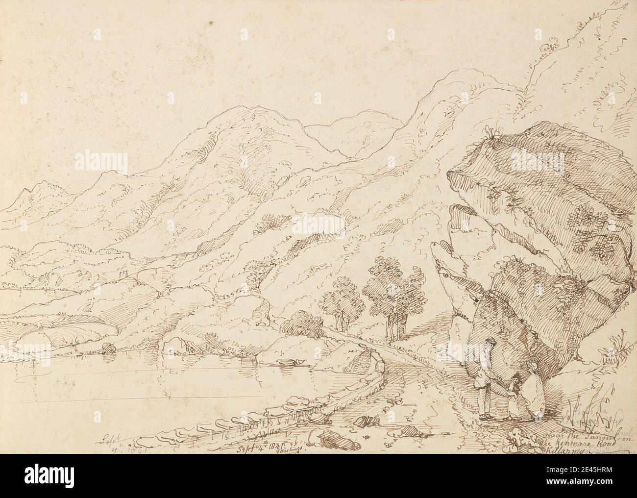 Capt. Thomas Hastings, 1778â€“1854, British, Near the Tunnel on the Kenmare Road, Killarney, 4 September 1841, 1841. Graphite and pen and brown ink on medium, slightly textured, cream wove paper.   child , hills , lake , landscape , man , rocks , trees , wall , woman. Ireland , Kenmare Road Tunnel , Killarney , Old Kenmare Road Stock Photo