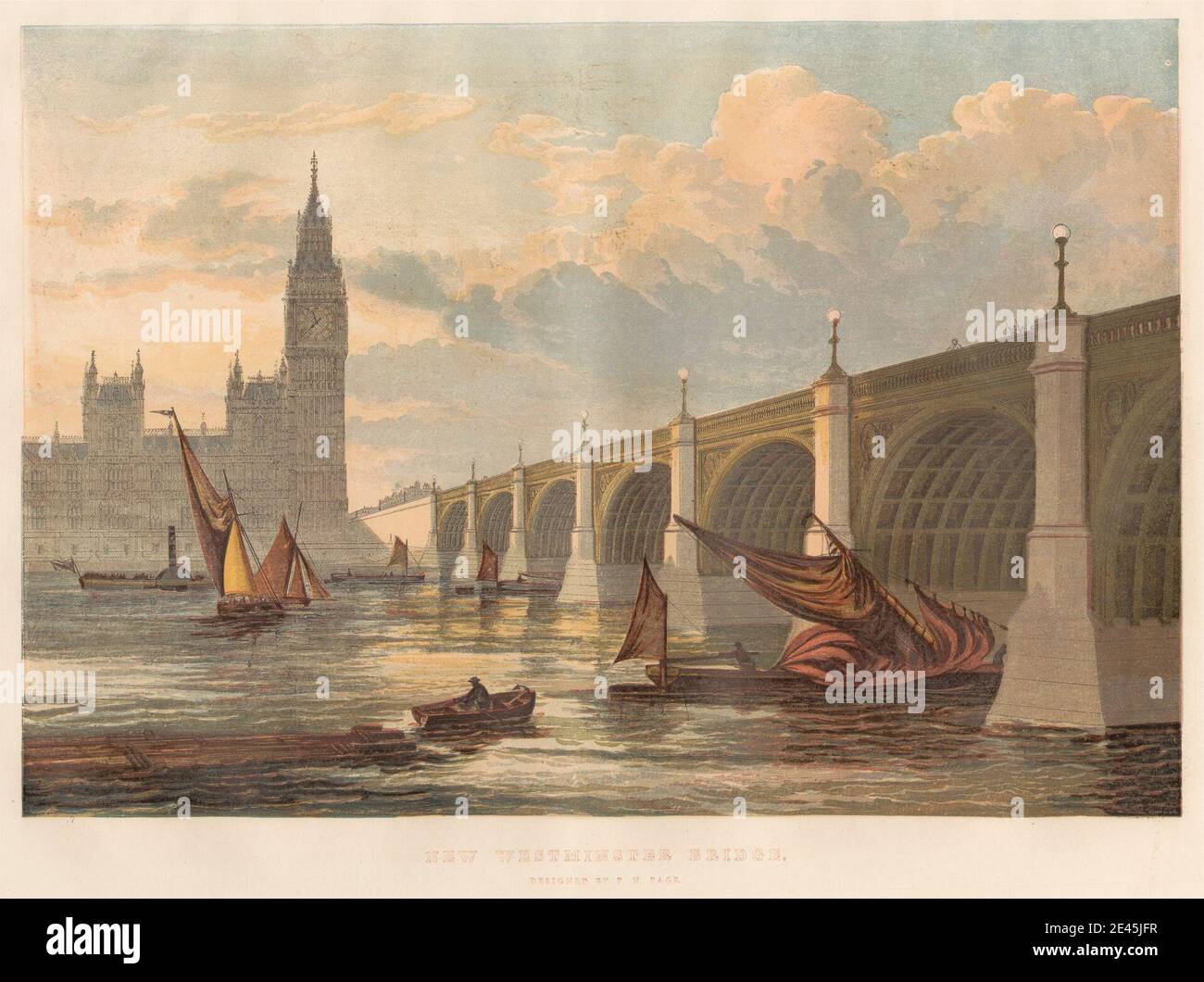 Print made by Leighton Brothers, active 1858â€“1885, New Westminster Bridge, Designed by P. N. Page, 1858. Chromoxylograph on medium, slightly textured, cream wove paper. Stock Photo