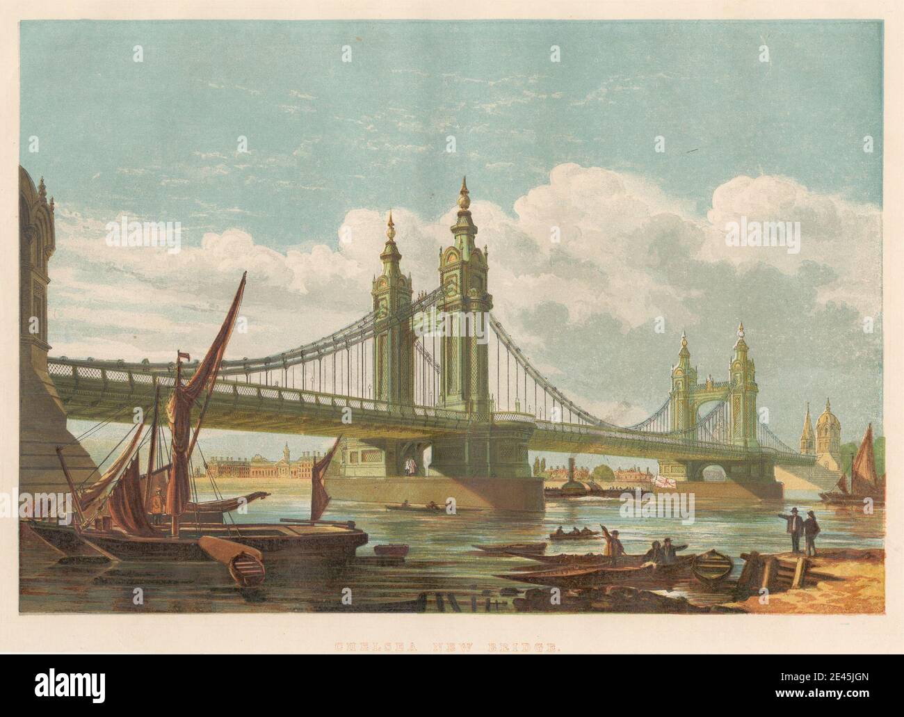 Print made by Leighton Brothers, active 1858â€“1885, Chelsea New Bridge, 1858. Chromoxylograph on medium, slightly textured, cream wove paper. Stock Photo