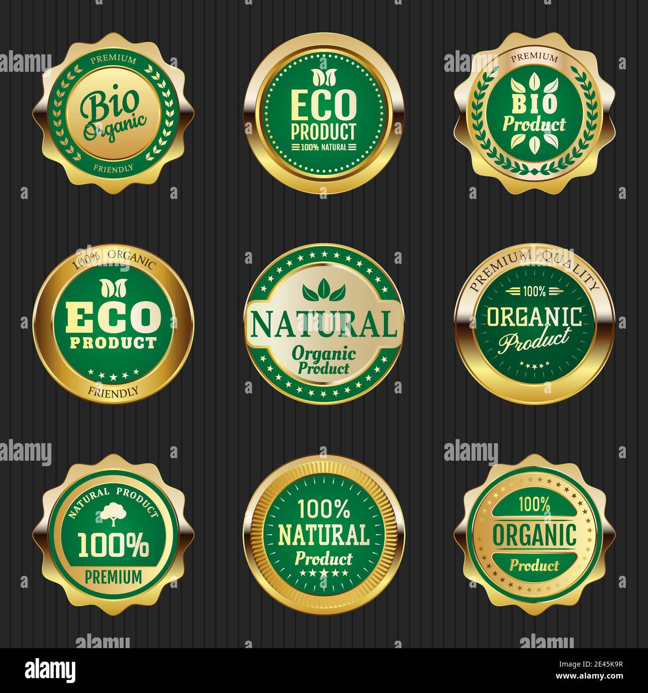 Collection of green top quality badges with gold border. Gold emblems bio products. Stock Vector