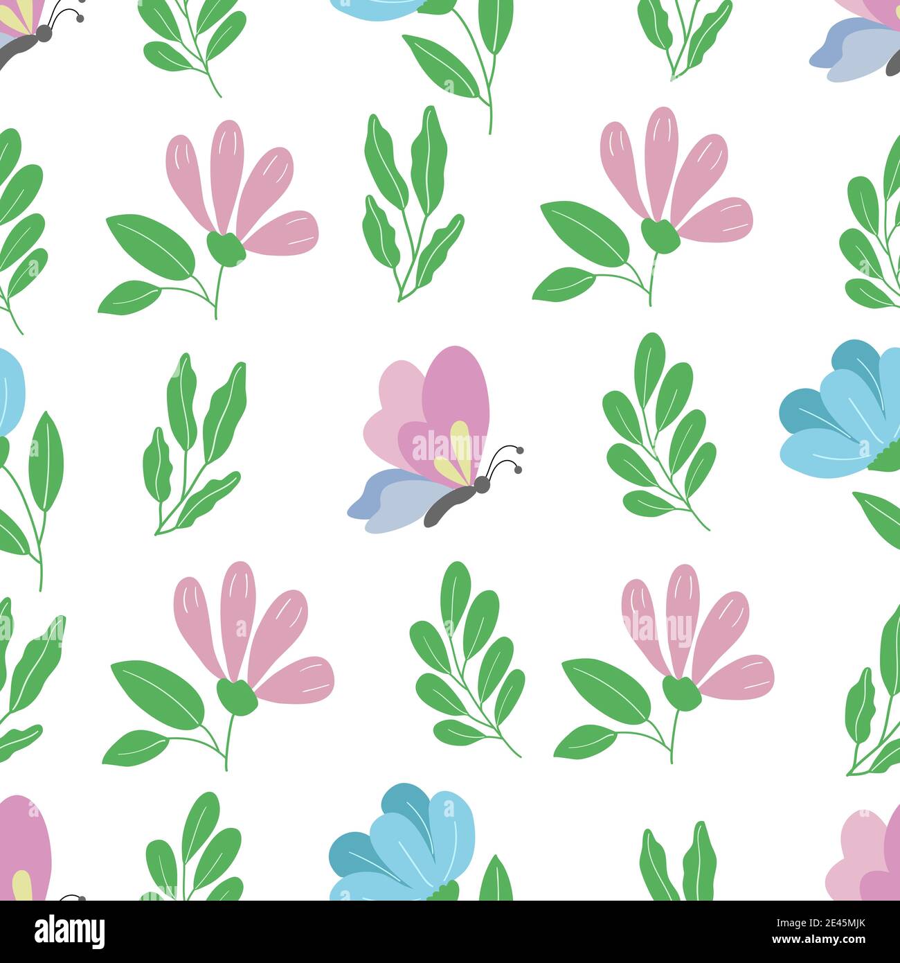 Seamless pattern - blue, pink flowers, butterflies Stock Vector