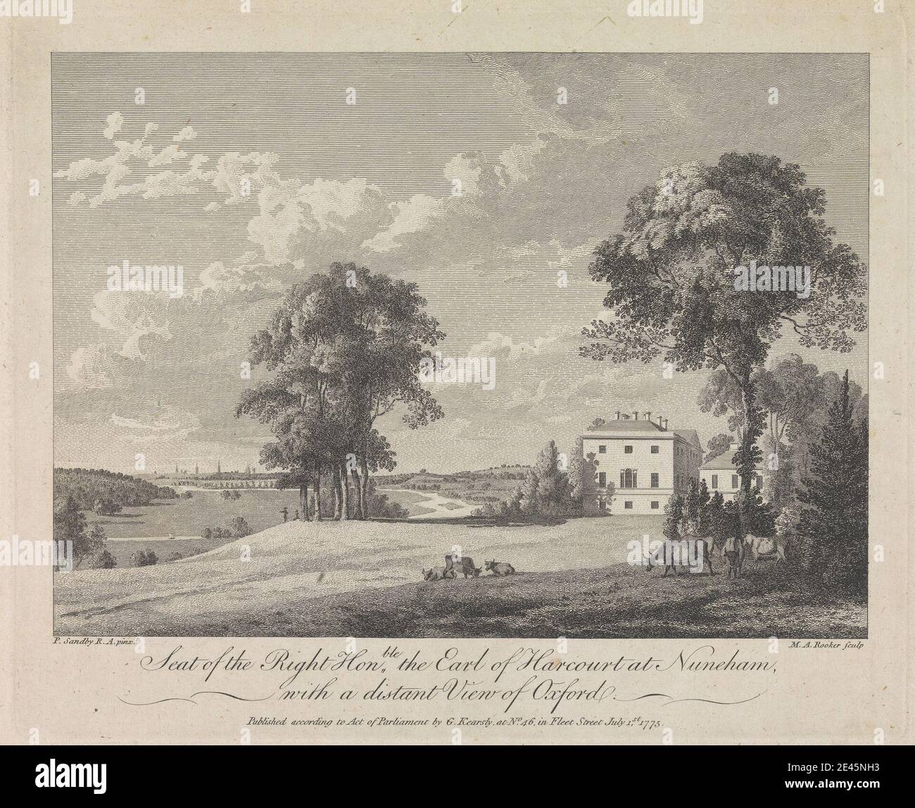 Print made by Michael Angelo Rooker, 1746â€“1801, British, Seat of the Right Honorable, the Earl of Harcourt at Nuneham, with a distant View of Oxford, 1775. Line engraving on medium, moderately textured, cream laid paper.   architectural subject , country house , cows , estate , landscape , river. England , Isis , Nuneham Courtenay , Oxford , Oxfordshire , United Kingdom Stock Photo