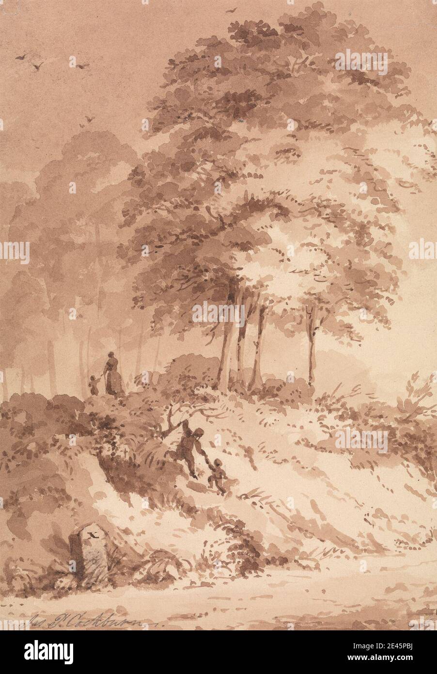 James Pattison Cockburn, 1778â€“1847, British, Family Walking in a Wood: Child Being Helped to Clamber up a Bank, undated. Pen and brown ink with brown wash on medium, moderately textured, cream wove paper.   bank , birds , child , figures , forest , landscape , wood Stock Photo
