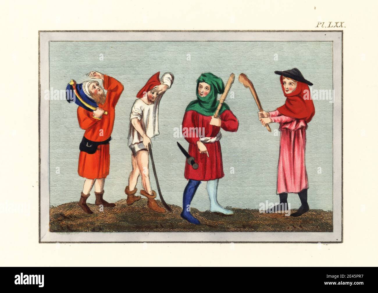 Rustics etc of the 14th century. Man with cudgel from Guyart des Moulins Bible historiale, Royal MS 15 B iii, man in short pants and boots and man in parti-coloured hose with cudgel and dagger f.60 from Chroniques de France ou de St Denis, Royal MS 20 C vii, and man in cap, hood and tunic with cudgel from Matfre Ermengaud's Breviari d'Amor, Royal MS 19 C i. Handcoloured engraving by Joseph Strutt from his Complete View of the Dress and Habits of the People of England, Henry Bohn, London, 1842. Stock Photo