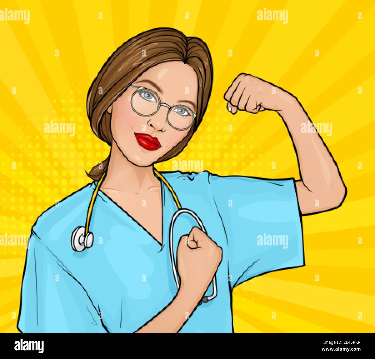 Vector pop art illustration of a doctor woman with glasses in uniform  demonstrating her strength by fist. Motivating poster with a medical nurse  We can do it. Medicine and healthcare concept Stock