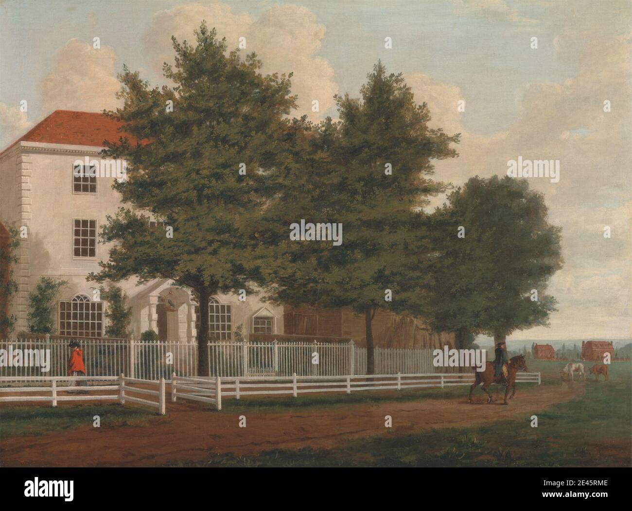unknown artist, eighteenth century, House on a Common, between 1770 and 1780. Oil on canvas.   architectural subject , bird cage , building , commons , cows , fence , Georgian , grazing , horse (animal) , house , livestock , men , parrot , property , railings , road , rural Stock Photo