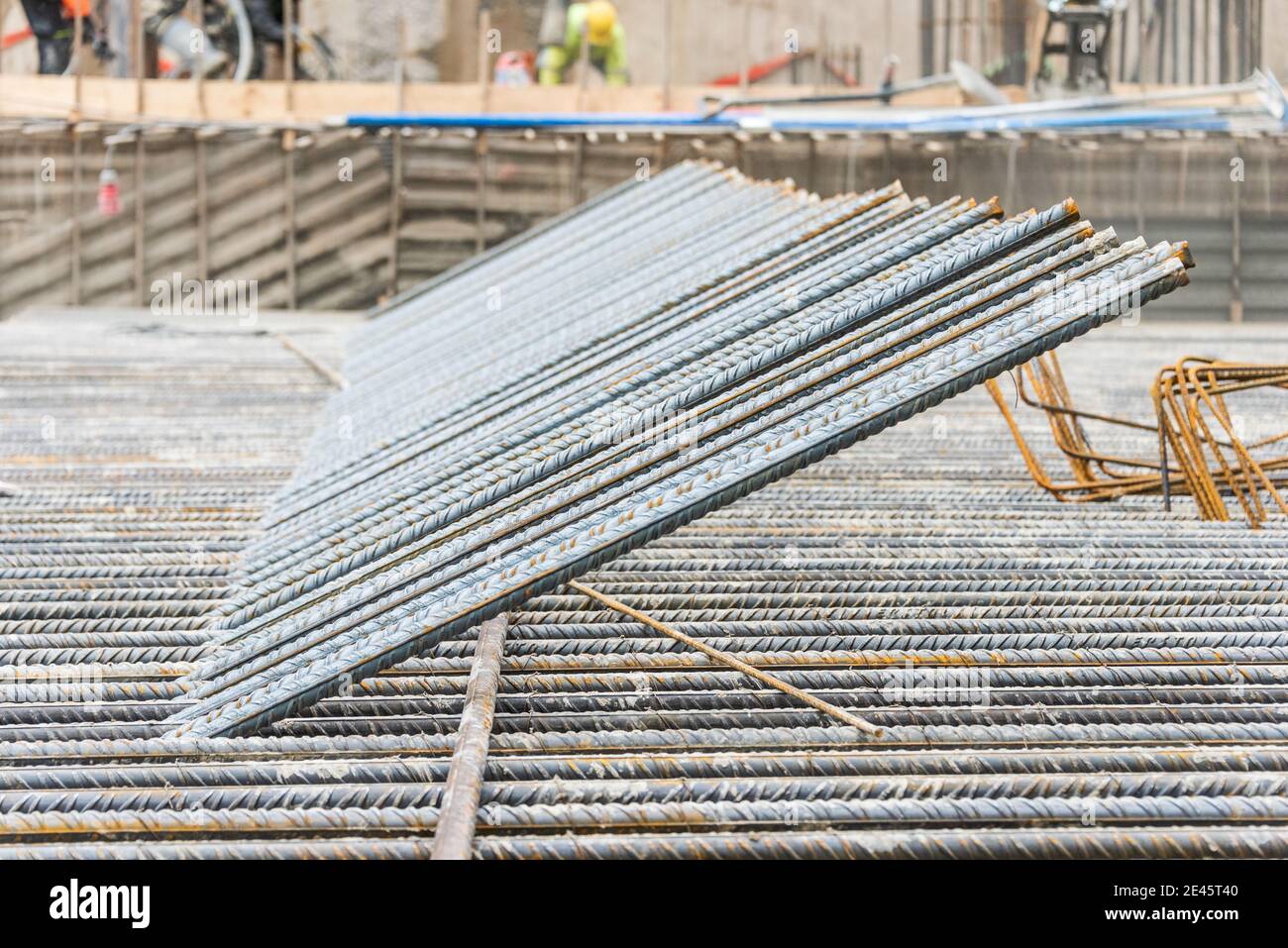 Rusty steel reinforcement rebar bars for concrete pouring. Stock Photo