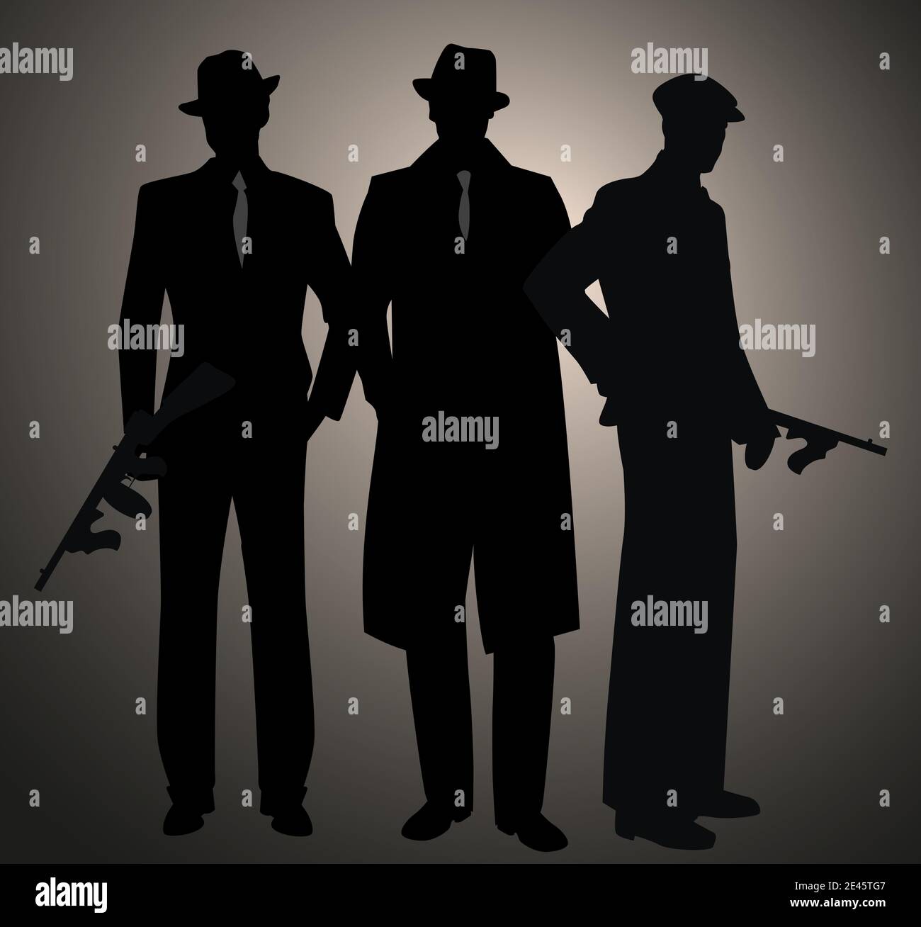Three retro style men silhouettes, wearing hat and cap. Gangsters with submachine gun. Mafia. 1920s and 1930s style. Stock Vector