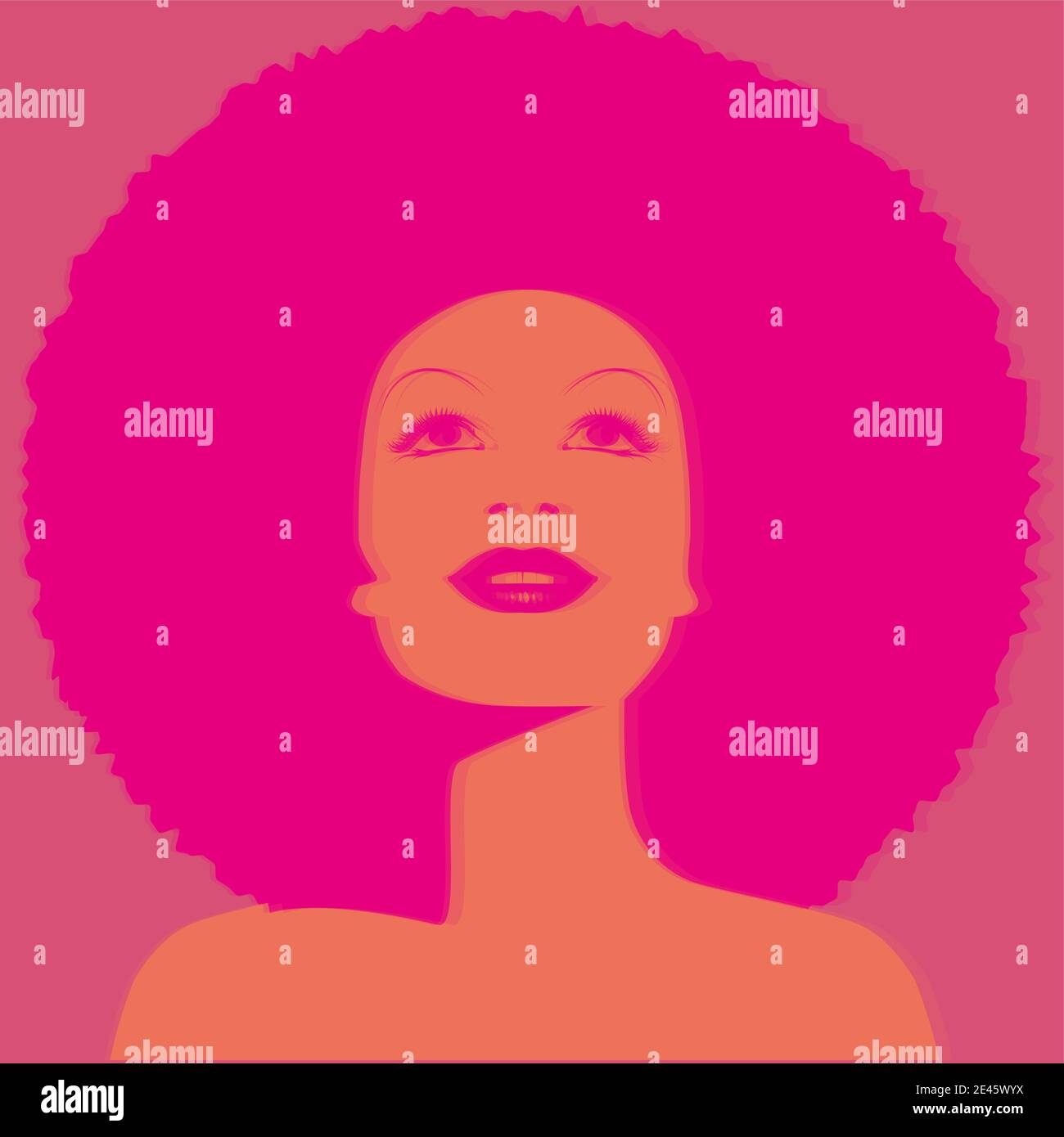 Beautiful woman with afro style curly hair, acid colors. Hologram simulation. Poster music soul, funk or disco style 60s or 70s Stock Vector
