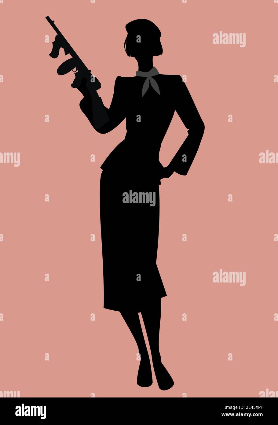 Elegant silhouette of a lady in the retro style of the 1920s or 1930s, wearing a beret and armed with a submachine gun Stock Vector
