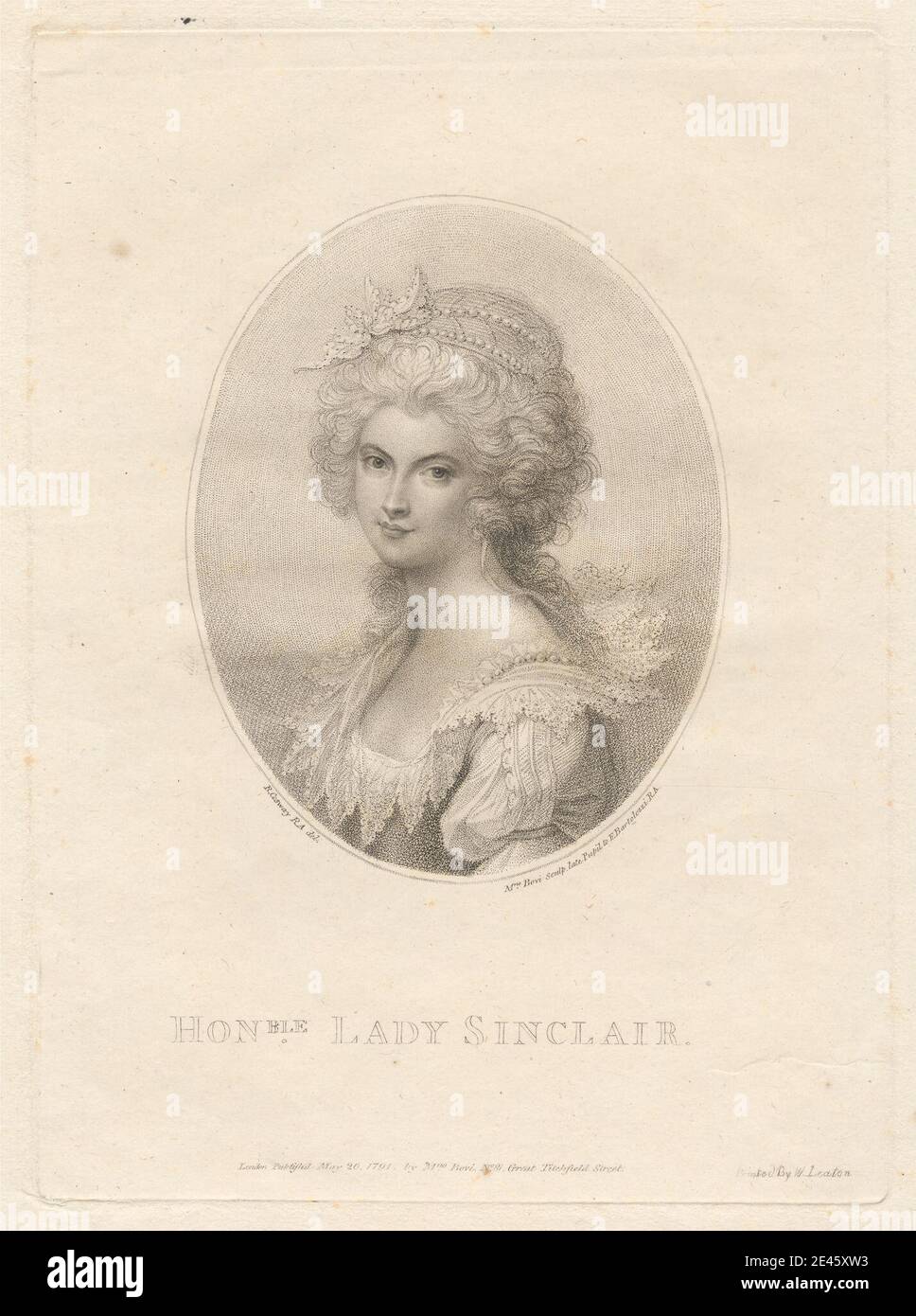 Print made by Marino Bovi, Italian, 1758â€“ca.1805, Italian, Lady Sinclair, 1791. Stipple engraving on moderately thick, moderately textured, cream laid paper.   beads , cap , curls , dress , headpiece , lace , nobility , oval , pearls , portrait , trim , woman Stock Photo