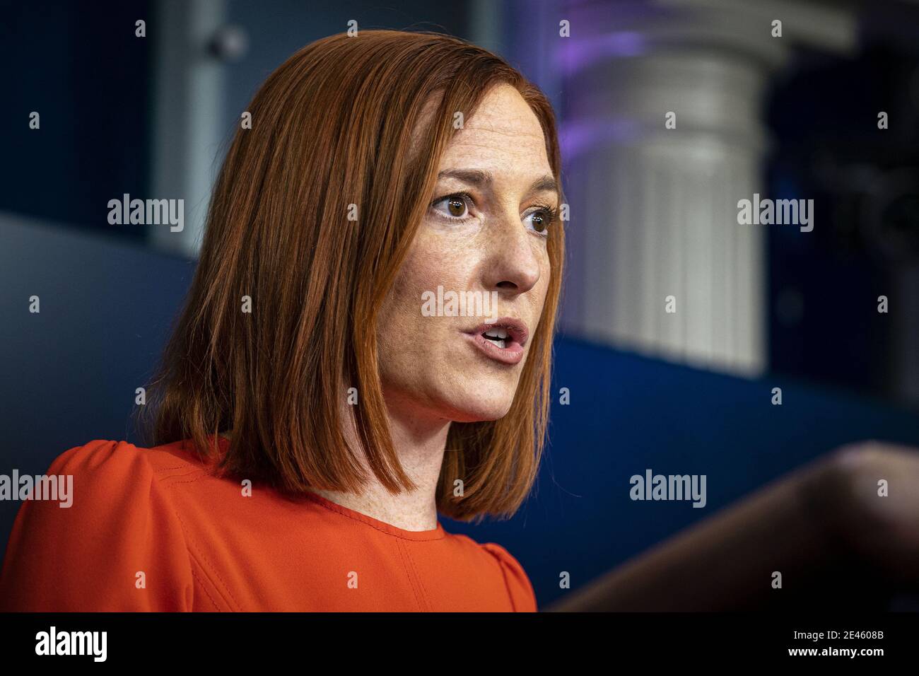 Washington, United States. 21st Jan, 2021. Jen Psaki, White House press secretary, speaks during a news conference in the James S. Brady Press Briefing Room at the White House in Washington, DC, U.S., on Thursday, Jan. 21, 2021. President Joe Biden in his first full day in office plans to issue a sweeping set of executive orders to tackle the raging Covid-19 pandemic that will rapidly reverse or refashion many of his predecessor's most heavily criticized policies. Photo by Al Drago/UPI Credit: UPI/Alamy Live News Stock Photo