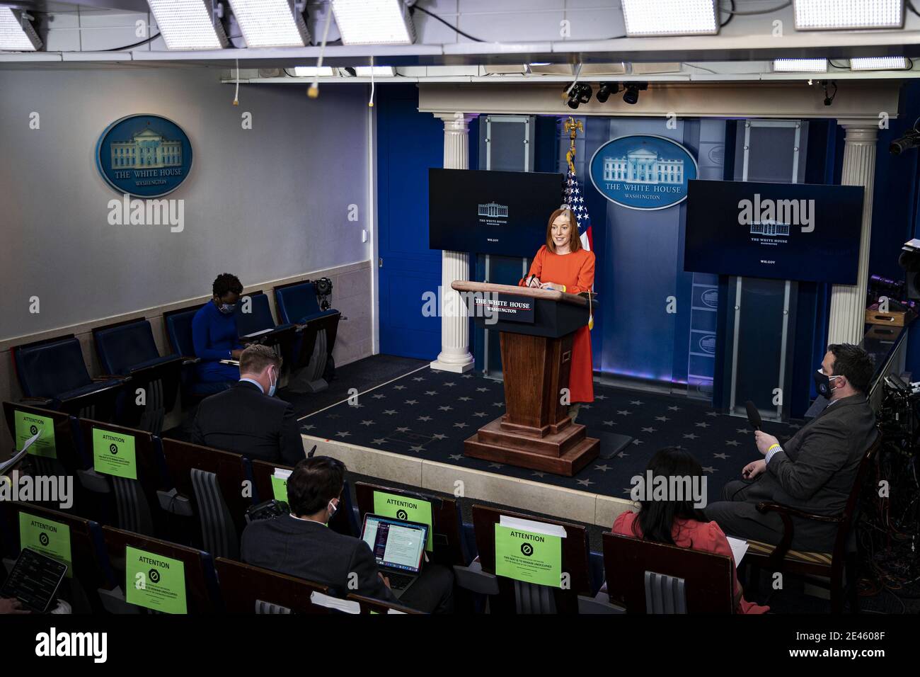Washington, United States. 21st Jan, 2021. Jen Psaki, White House press secretary, speaks during a news conference in the James S. Brady Press Briefing Room at the White House in Washington, DC, U.S., on Thursday, Jan. 21, 2021. President Joe Biden in his first full day in office plans to issue a sweeping set of executive orders to tackle the raging Covid-19 pandemic that will rapidly reverse or refashion many of his predecessor's most heavily criticized policies. Photo by Al Drago/UPI Credit: UPI/Alamy Live News Stock Photo