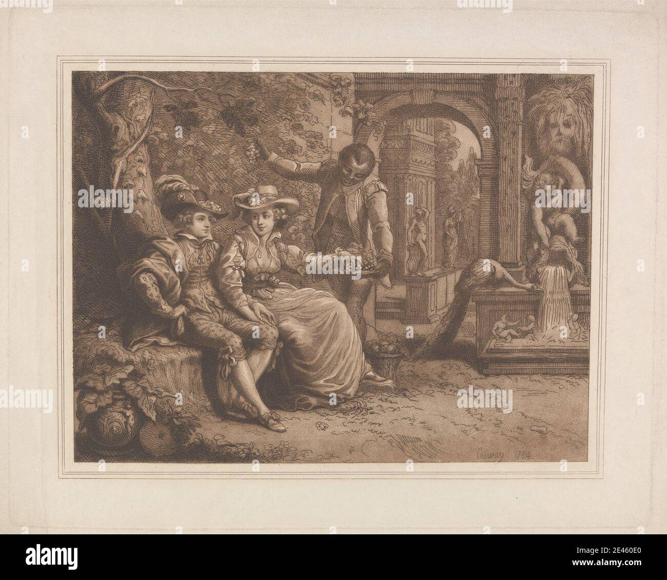 Print made by Richard Cosway, 1742–1821, British, Richard and Maria Cosway, and Ottobah Cugoano, 1784. sepia-colored soft-ground etching on medium, slightly textured, cream paper.   arch , bird , couple , fountain , garden , genre subject , grapes , grapes , leaves , man , peacock , portrait , servant , statues , statues , trees , vines , water , woman. Cugoano, Ottobah [John Stuart] (b. 1757?), slavery abolitionist and writer Cosway, Richard (bap. 1742, d. 1821), artist and collector Cosway, Maria Louisa Catherine Cecilia, Baroness Cosway in the nobility of the Austrian empire (1760–1838), hi Stock Photo
