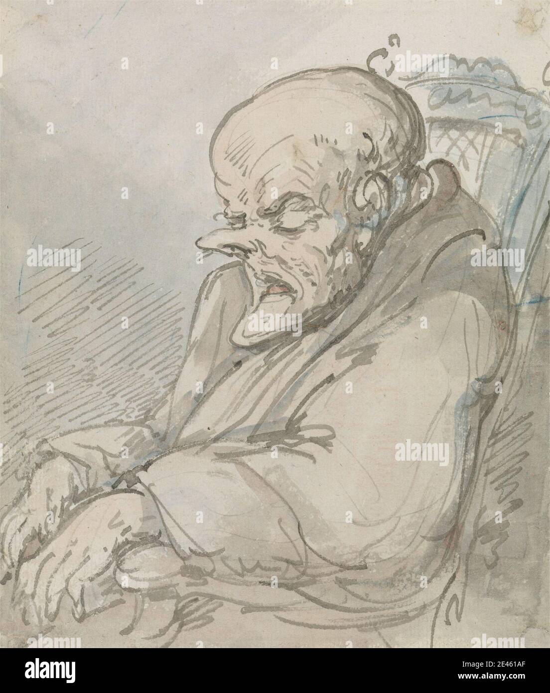 Thomas Rowlandson, 1756â€“1827, British, Portrait of an Old man, undated. Watercolor with pen and gray ink, and blue pastel(?), over graphite on medium, slightly textured, light blue, laid paper.   Chair - Arm , elderly , man , portrait , robe , sleeping Stock Photo