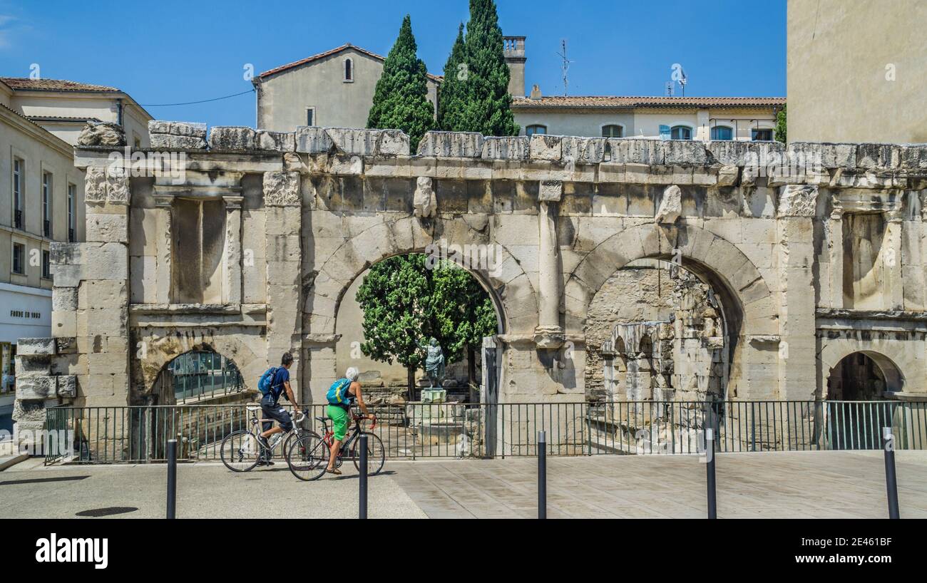 ruins of Augustan Gate in Nimes, which  was one of the main gates of the ancient town, Gard department, Occitanie region, Southern France Stock Photo
