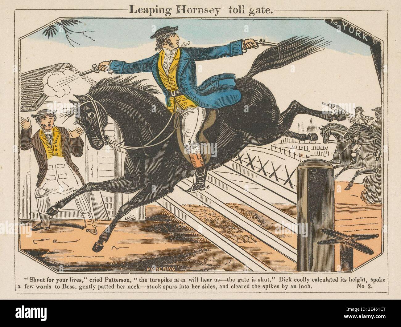 George Pickering, c.1794â€“1857, British, Leaping Hornsey Tollgate, undated. Hand colored woodcut. Stock Photo