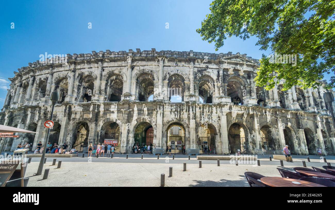the well preserved Roman amphitheatre Arena of Nîmes, Nimes; Gard department, Occitanie region, Southern France Stock Photo