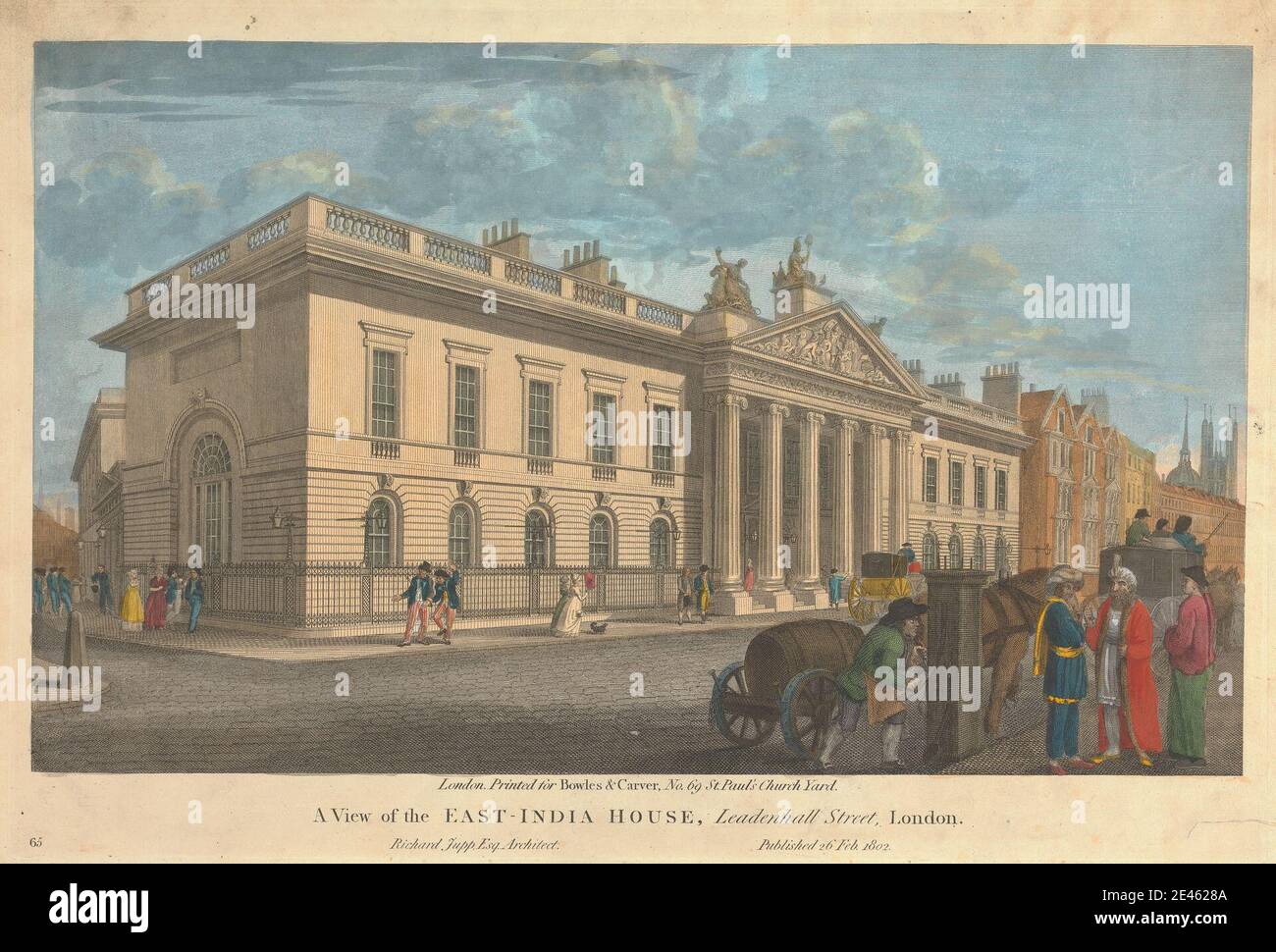 unknown artist, A View of the East-India House, Leadenhall Street, London, 1802. Hand colored engraving. Stock Photo