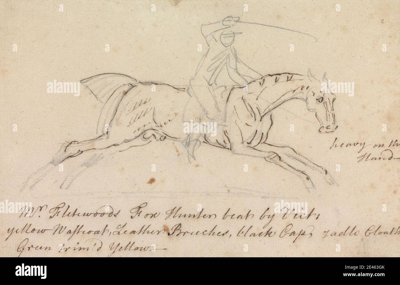 James Seymour, 1702â€“1752, British, Foxhunter, with Jockey Up, undated. Graphite and pen and brown ink on medium, moderately textured, beige, laid paper.   figure study , horse (animal) , horse racing , jockey , man , sporting art , whip Stock Photo