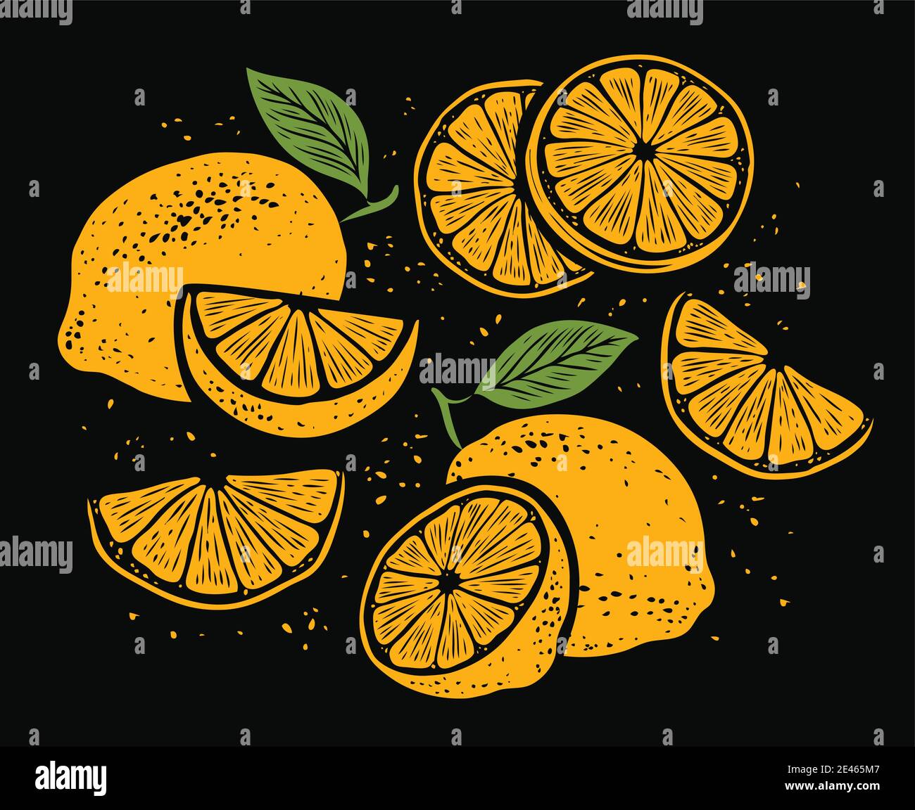 Fresh lemons, leaves. Vibrant juicy ripe citrus. Set of whole, cut in half, sliced on pieces fruits Stock Vector
