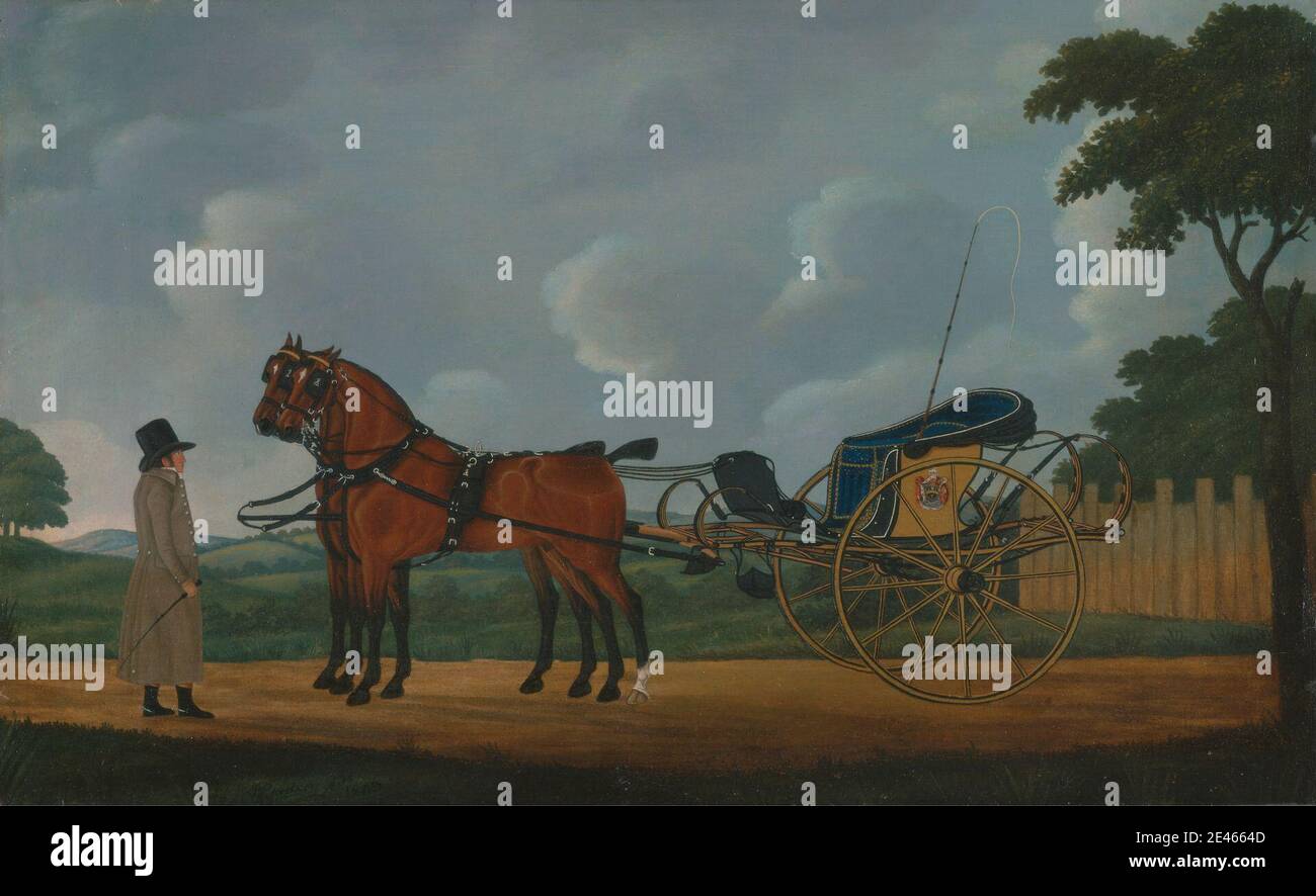 John Cordrey, active 1765â€“1825, British, A Gentleman with His Pair of Bays Harnessed to a Curricle, 1806. Oil on canvas.   animals , carriage , costume , genre subject , harness , horse (animal) , horse-drawn vehicle , vehicle , wheels Stock Photo