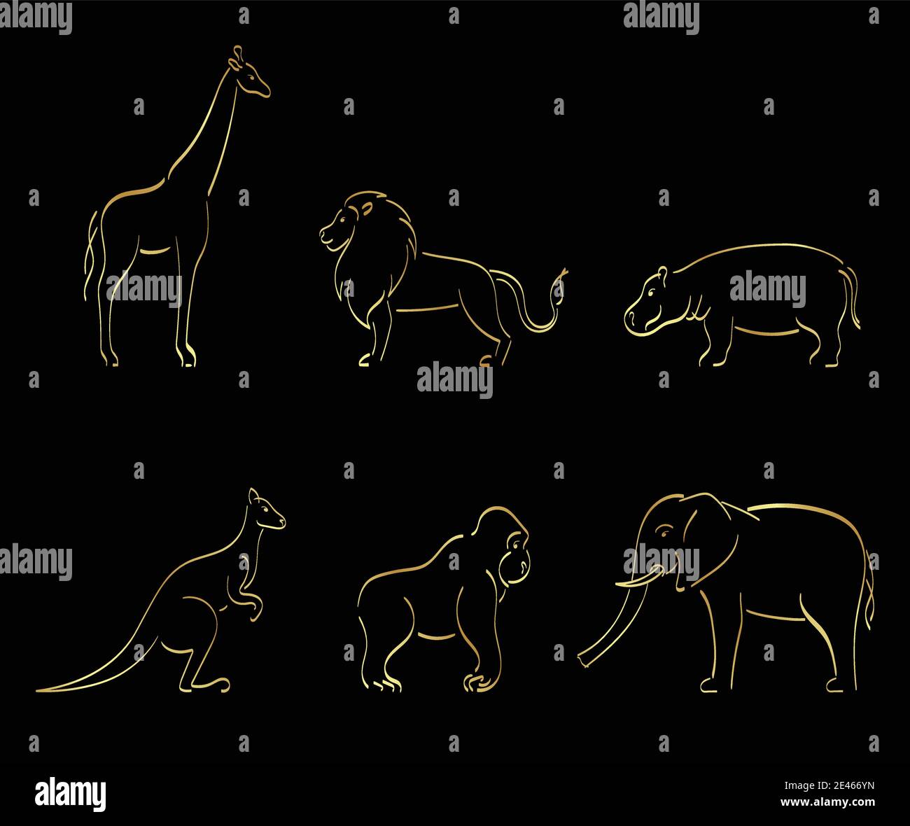 Golden outline set of kangaroo, giraffe, monkey, elephant, lion, hippo Stock Vector
