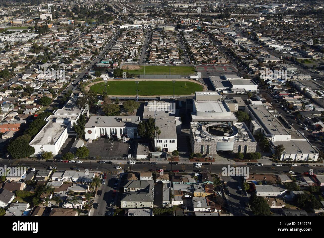 An aerial view of James A. Garfield Senior High School amid the global