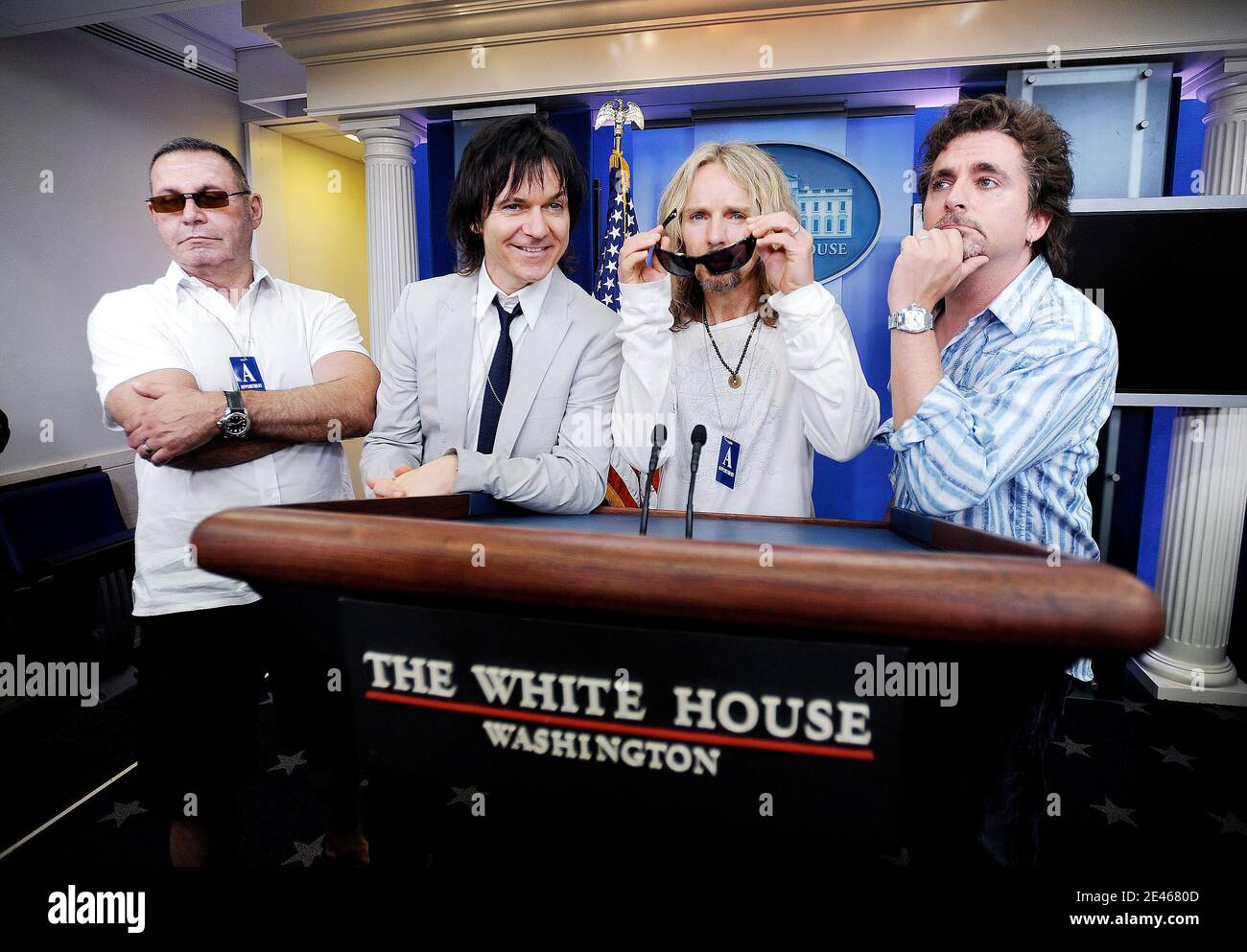 Members of the rock band STYX attend the daily Press Briefing at the White House in Washington, DC., USA on June 22, 2009. Photo by Olivier Douliery/ABACAPRESS.COM Stock Photo