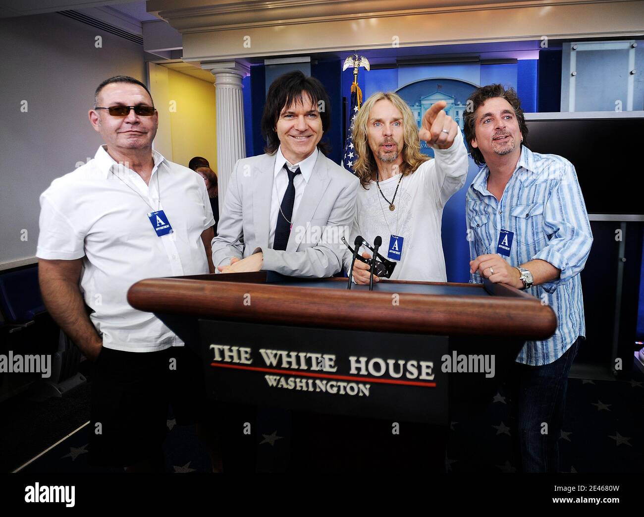 Members of the rock band STYX attend the daily Press Briefing at the White House in Washington, DC., USA on June 22, 2009. Photo by Olivier Douliery/ABACAPRESS.COM Stock Photo