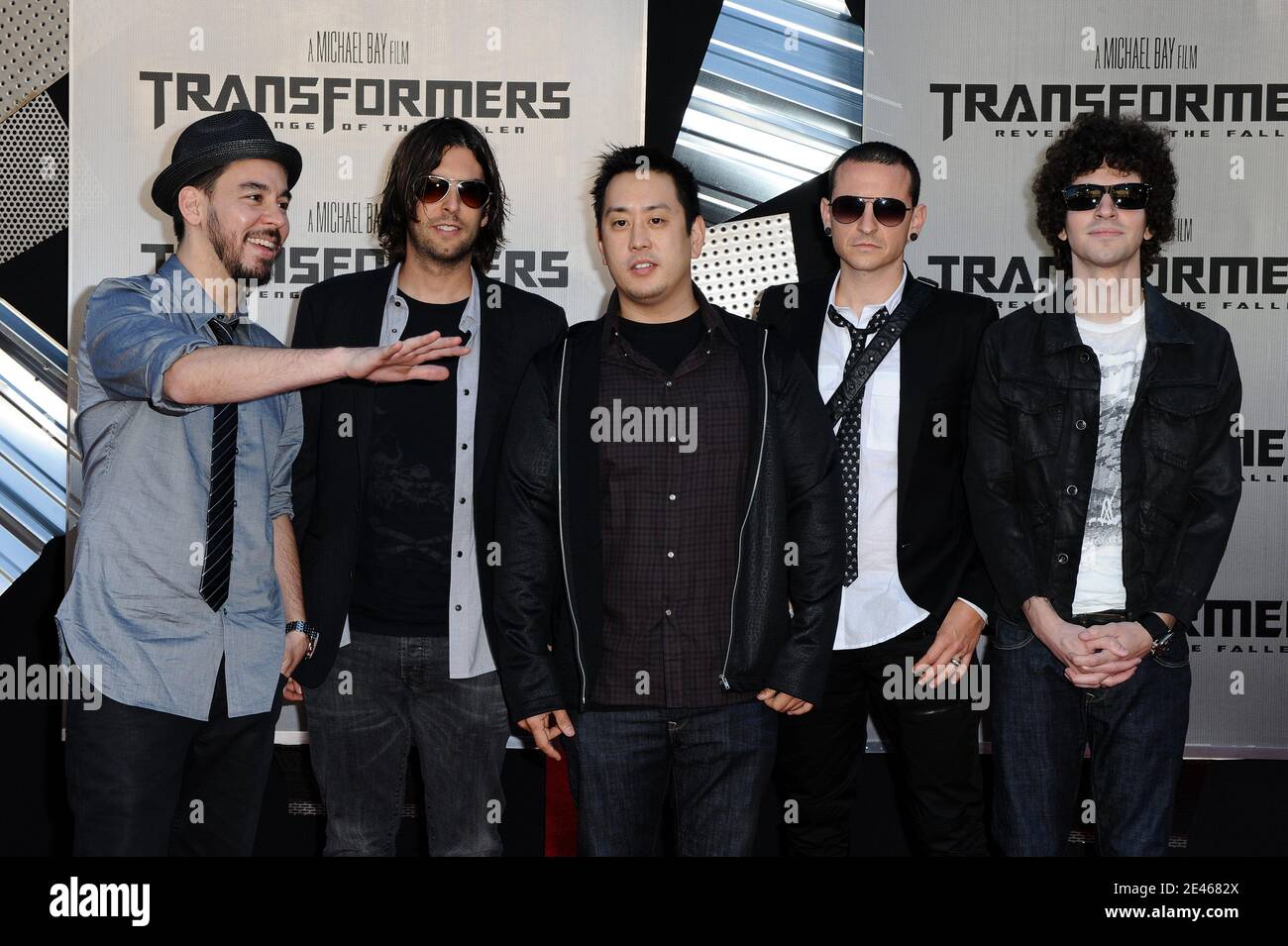 Linkin Park (Pictured: Linkin Park, Brad Delson, Chester Bennington, Joe Hahn, Mike Shinoda, Phoenix, Rob Bourdon) attend the premiere of 'Transformers: Revenge of the Fallen' held at the Mann's Village Theatre in Westwood, Los Angeles, CA, USA on June 22, 2009. Photo by Lionel Hahn/ABACAPRESS.COM Stock Photo