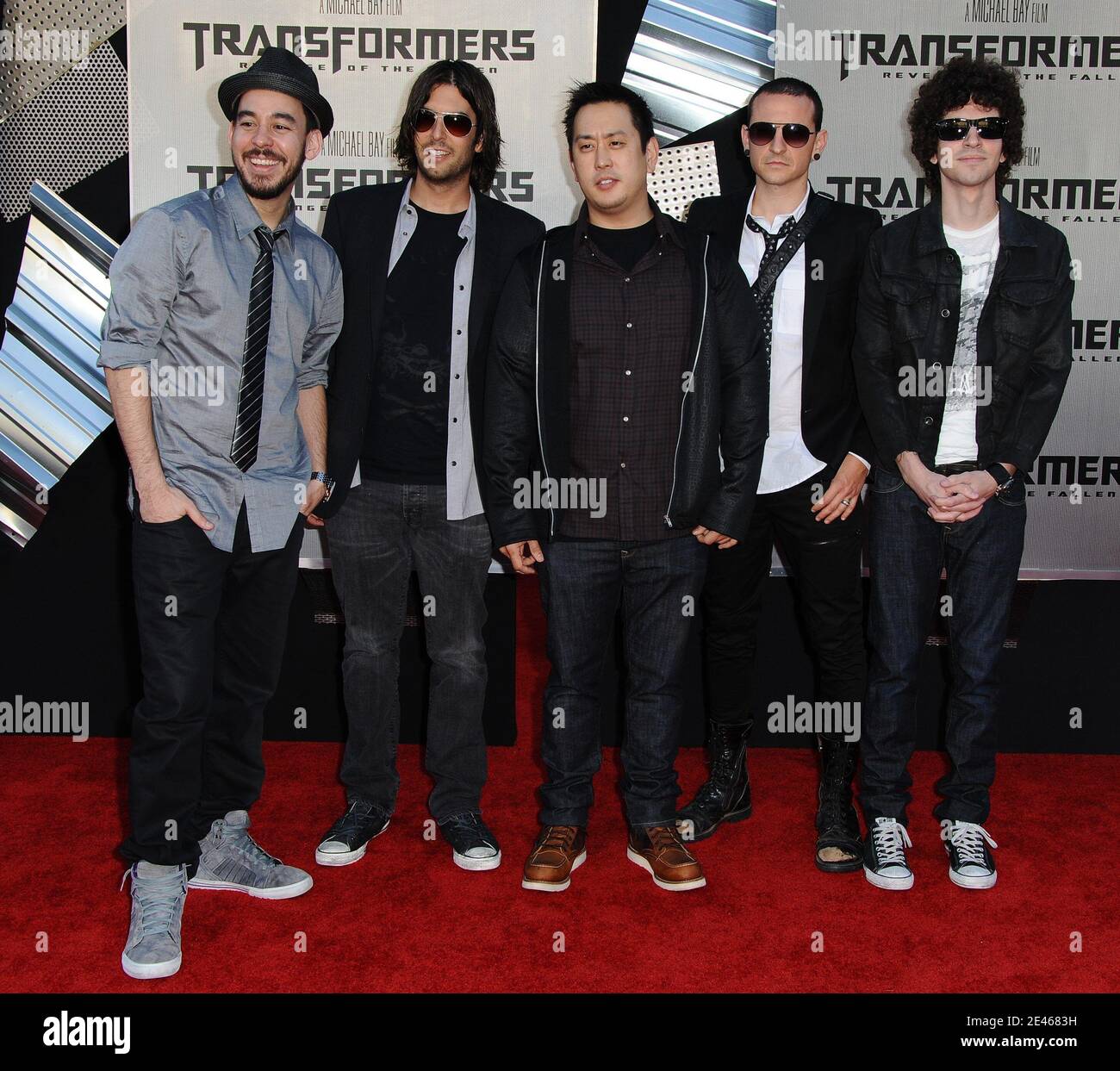 Linkin Park (Pictured: Linkin Park, Brad Delson, Chester Bennington, Joe Hahn, Mike Shinoda, Phoenix, Rob Bourdon) attend the premiere of 'Transformers: Revenge of the Fallen' held at the Mann's Village Theatre in Westwood, Los Angeles, CA, USA on June 22, 2009. Photo by Lionel Hahn/ABACAPRESS.COM Stock Photo