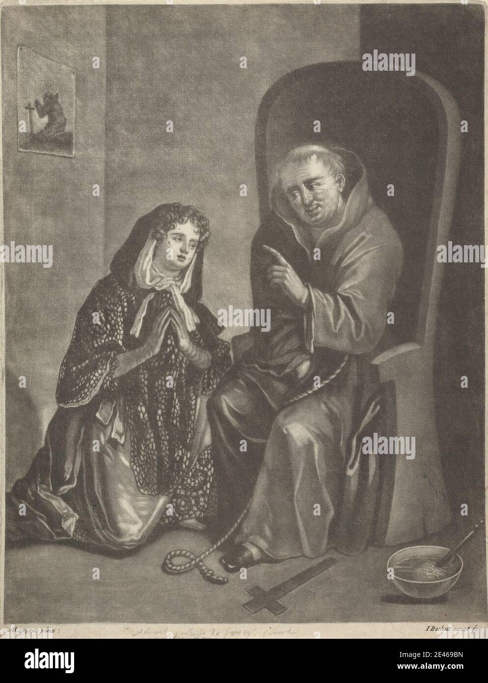 Print made by Isaac Beckett, 1652/3â€“1719, British, The Confession, between 1681 and 1688. Mezzotint on medium, moderately textured, cream laid paper.   bowl (vessel) , chair , cloak , commentary , confession , cross (object) , crucifix , curls , genre subject , gesture , hands , interior , kneeling , listening , man , masturbation , monk , painting (visual work) , parody , pattern (design element) , pointing , praying , religious and mythological subject , rope , satire , smiling , water , woman Stock Photo