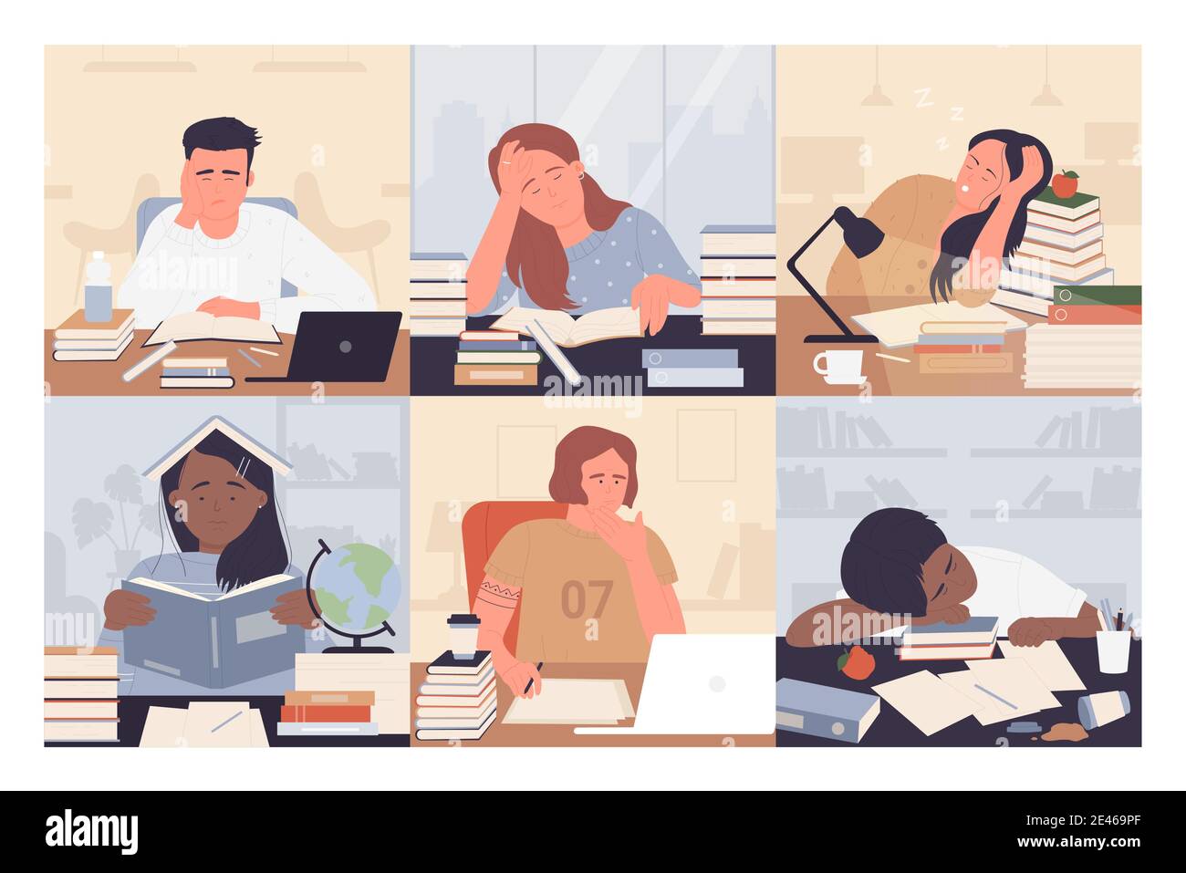 Bored students study vector illustration set. Cartoon young exhausted woman  man student characters sitting on desk with books while studying boring and  doing homework, frustrated people working Stock Vector Image & Art -
