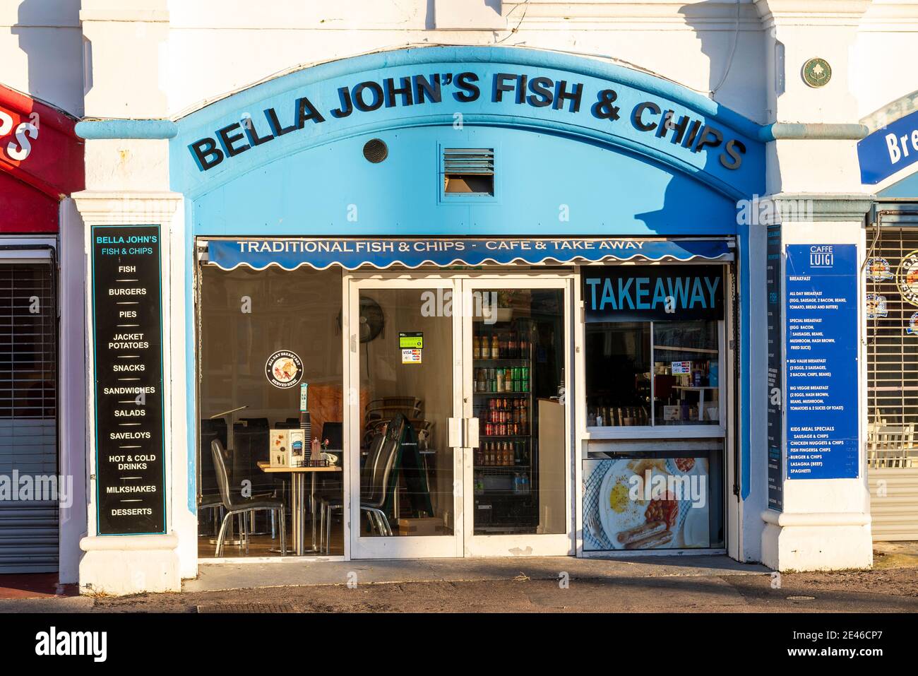 Bella John's Fish & Chips cafe and take away under the Pier arches in Southend on Sea Essex UK. Closed during COVID 19 lockdown Stock Photo