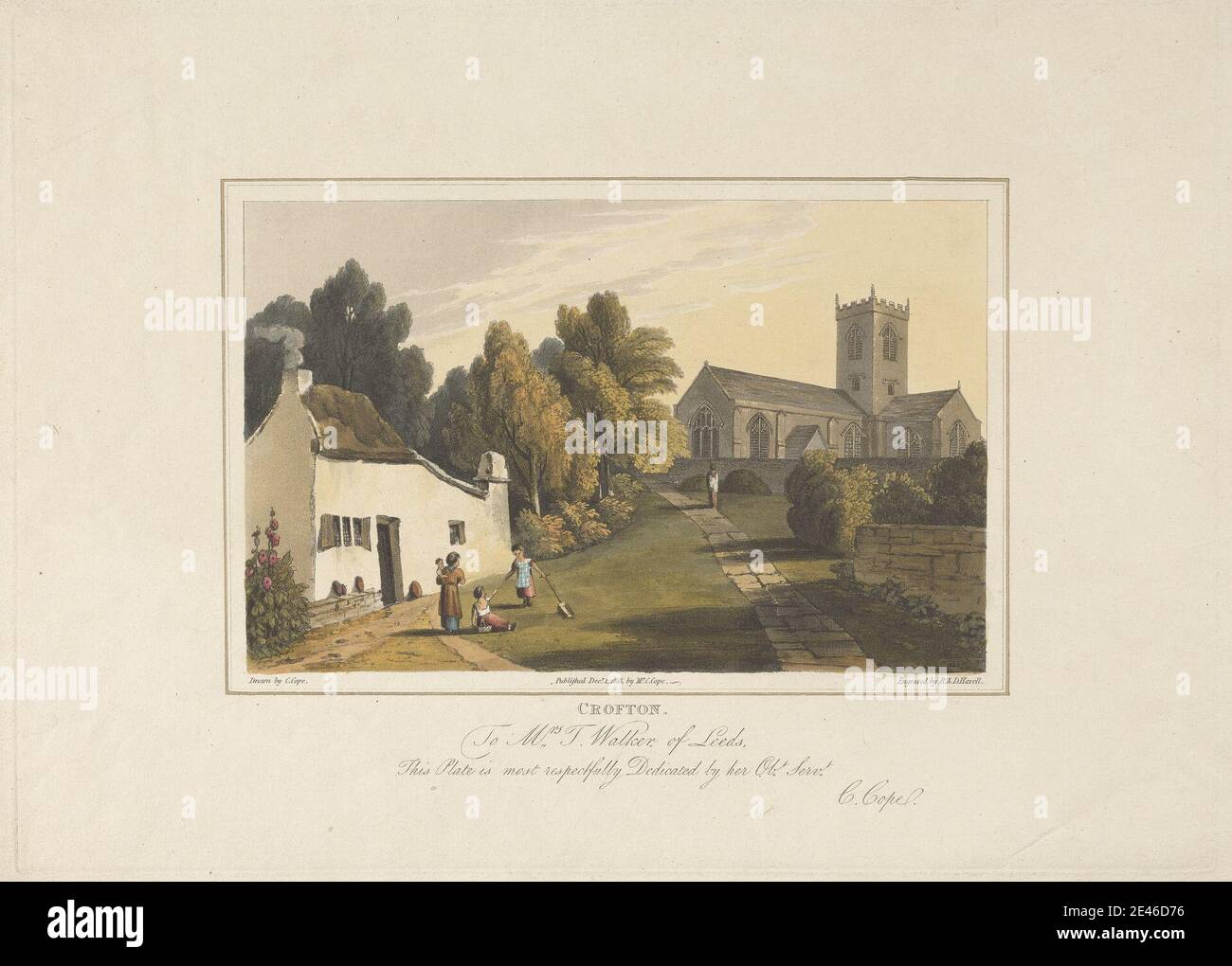 Robert Havell, 1769â€“1832, British, Crofton, 1813. Aquatint with etching, hand-colored on thick, moderately textured, beige wove paper.   architectural subject , baskets , children , chimney , church , country house , family , field , flowers (plants) , garden , genre subject , house , labor , manor house , mother , park (grounds) , path , playing , road , smoke , street , sunshine , tower (building division) , toys , trees , village , work. Crofton , England , Europe , United Kingdom , Wakefield , Yorkshire Stock Photo