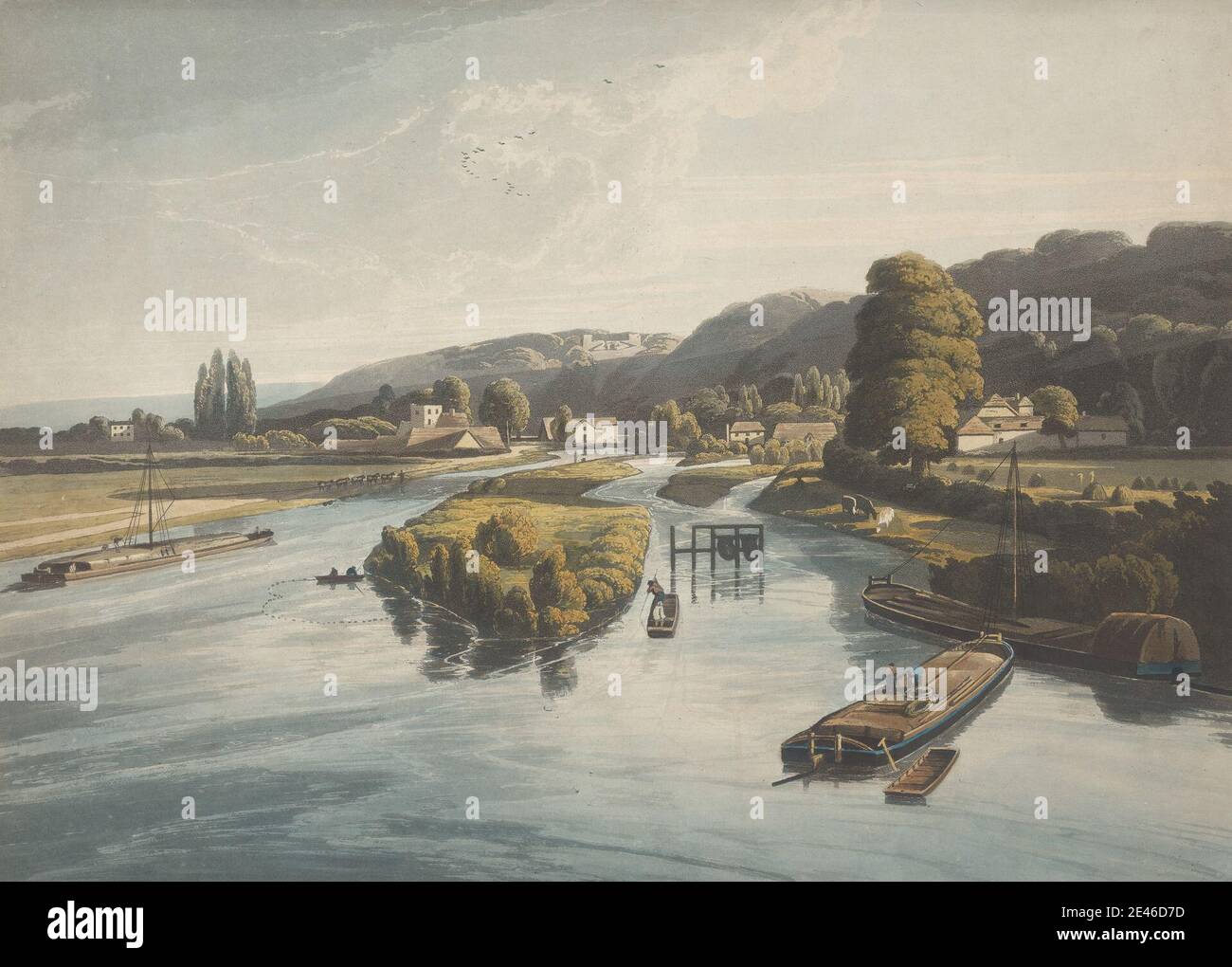 Robert Havell, 1769â€“1832, British, Clifton Spring and Woods near Maidenhead, 1818. Aquatint, hand-colored on moderately thick, moderately textured, beige wove paper.   barges , birds , boats , cows , docks , fields , fishing , genre subject , grazing , herding , hills , homes , houses , islands , labor , landscape , leisure , nets , pastures , piers , punts , river , rope , rowboats , rowing , sailboats , shipping , spring , village , woods. Berkshire , England , Europe , Maidenhead , United Kingdom Stock Photo
