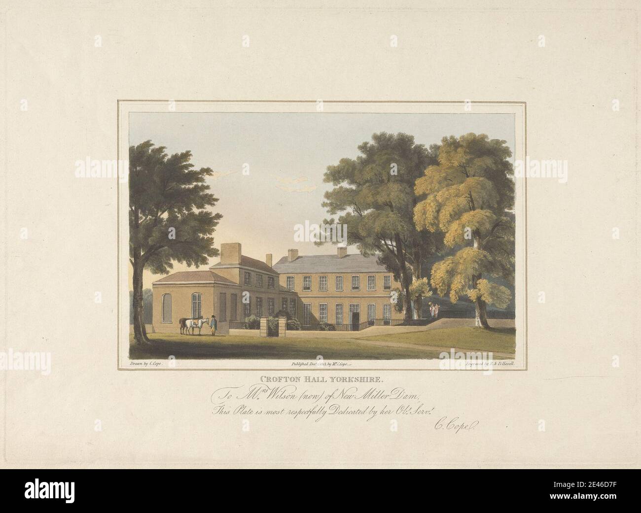 Robert Havell, 1769â€“1832, British, Crofton Hall, Yorkshire, 1813. Aquatint with etching, hand-colored on thick, moderately textured, beige wove paper.   architectural subject , chimneys , country house , fence , field , garden , gate , groom (caretaker of horses) , horses (animals) , house , leisure , manor house , parasol , park (grounds) , pasture , saddles , top hat , tower (building division) , trees , walking , windows , women. Crofton , England , Europe , United Kingdom , Wakefield , Yorkshire Stock Photo