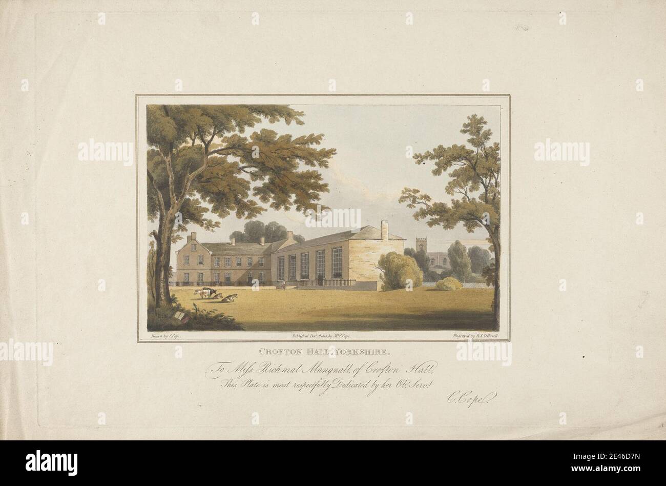 Robert Havell, 1769â€“1832, British, Crofton Hall, Yorkshire, 1813. Aquatint with etching, hand-colored on thick, moderately textured, beige wove paper.   architectural subject , chimneys , country house , cows , fence , field , garden , gate , hall , house , lake , manor house , park (grounds) , pasture , pond , river , tower (building division) , windows. Crofton , England , Europe , United Kingdom , Wakefield , Yorkshire Stock Photo