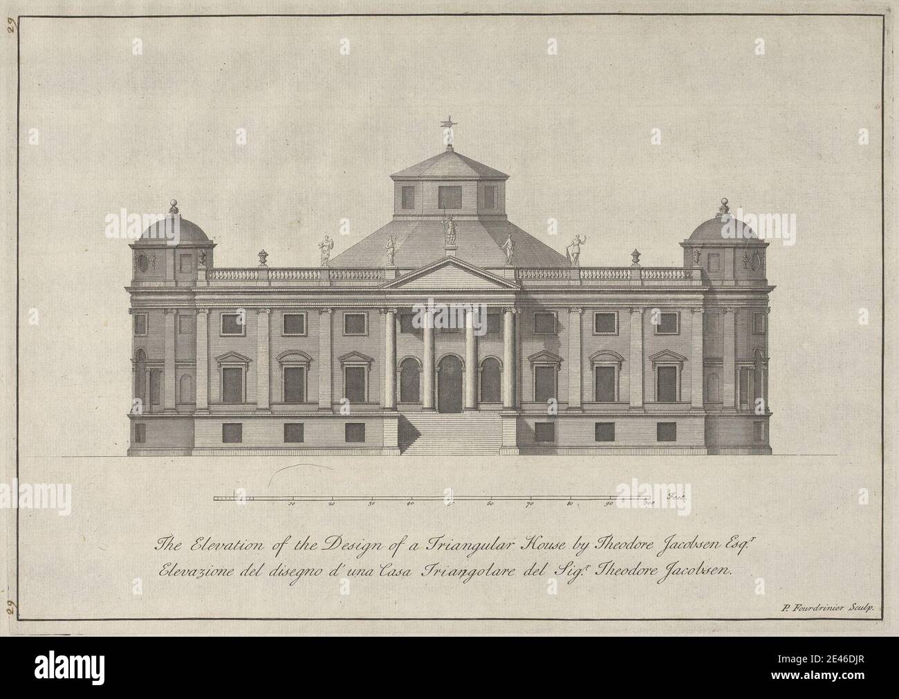 Paul Fourdrinier, French, The Elevation of the Design of a Triangular House by Theodore Jacobsen Esqr, undated. Etching on moderately thick, slightly textured, cream laid paper.   arches , architectural drawing , architectural subject , columns , cupola , design , elevation (drawing) , house , measurement , Neo-Classical , pediments , plan (drawing) , reliefs , scale (rule) , statues , triangular , windows Stock Photo