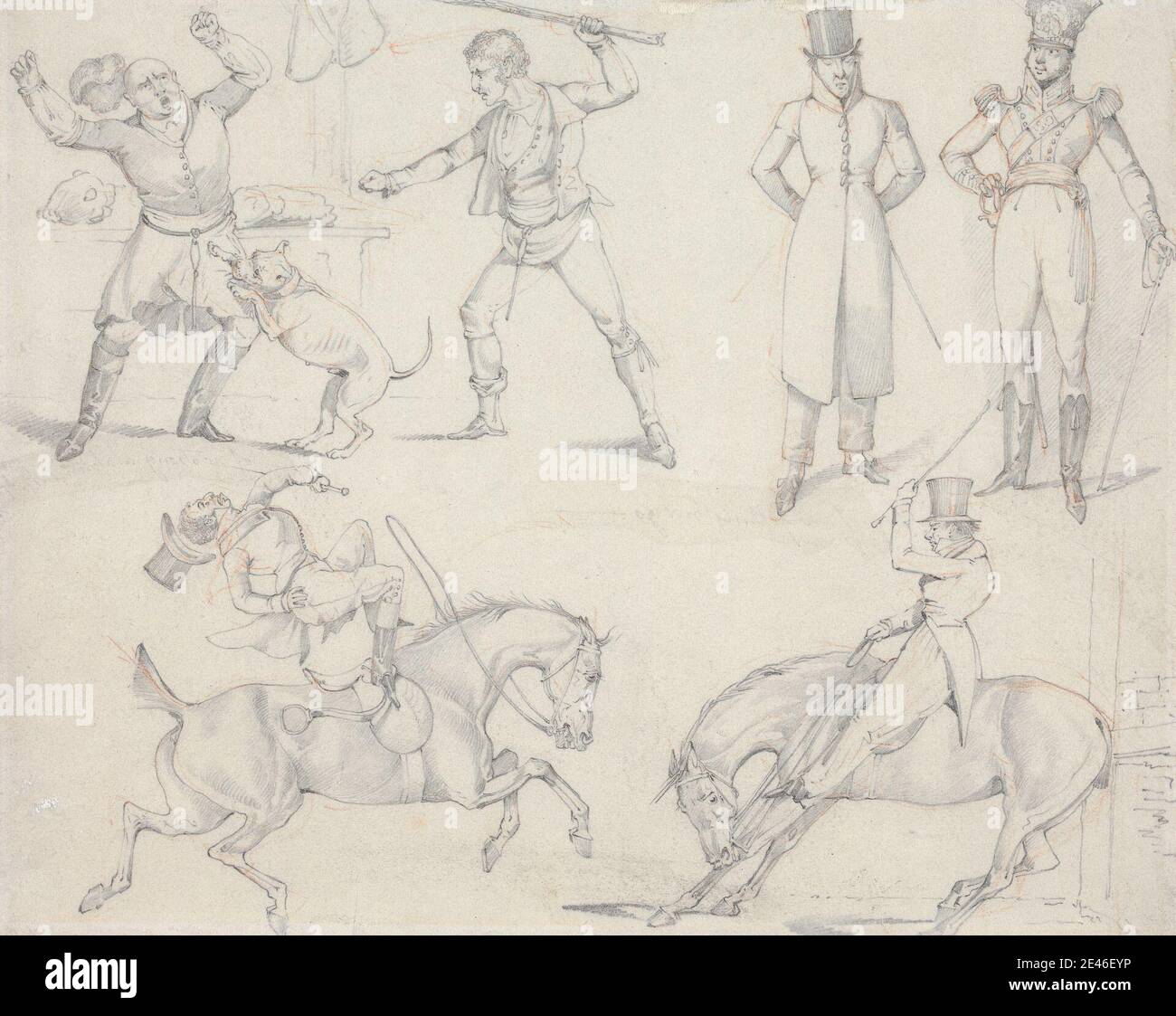 Henry Thomas Alken, 1785â€“1851, British, Symptoms: of Full Pay, of Half pay, of a strong attachment in the Dog, of anything but go, of no strong attachment to the Horse, between 1818 and 1822. Graphite and red chalk on medium, slightly textured, blued white, wove paper.   canine , club , dog (animal) , falling , fighting , genre subject , hats , horseback riders , horseback riding , horses (animals) , men , sword , violence , whip Stock Photo