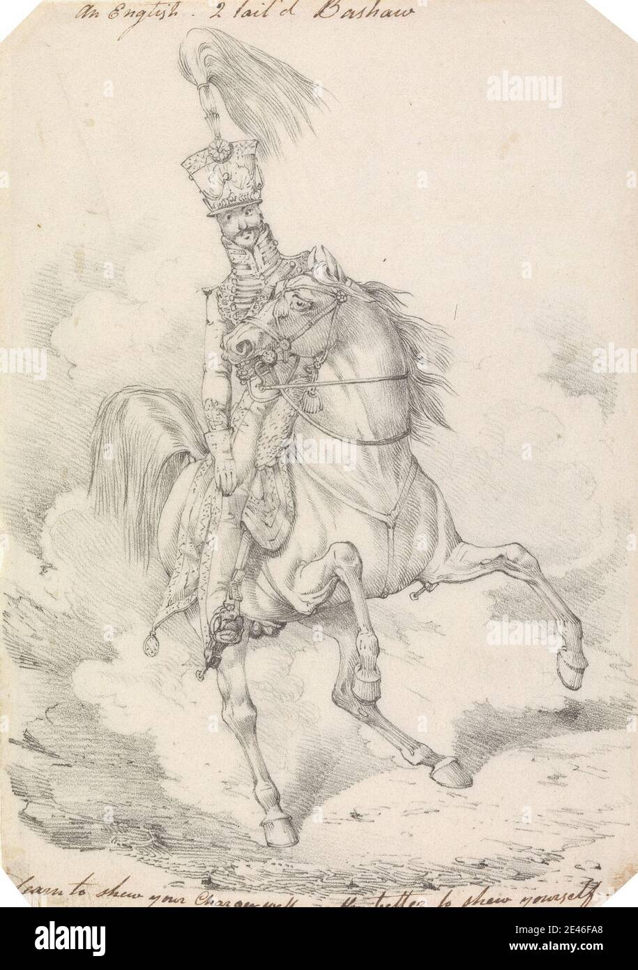 Henry Thomas Alken, 1785â€“1851, British, Hussar with High Plume in His Helmet, Mounted on a Horse, With High Held Swishing Tail, undated. Graphite and red chalk on thin, smooth, blued white, wove paper.   helmet , horse (animal) , Hussards , military art , soldiers Stock Photo