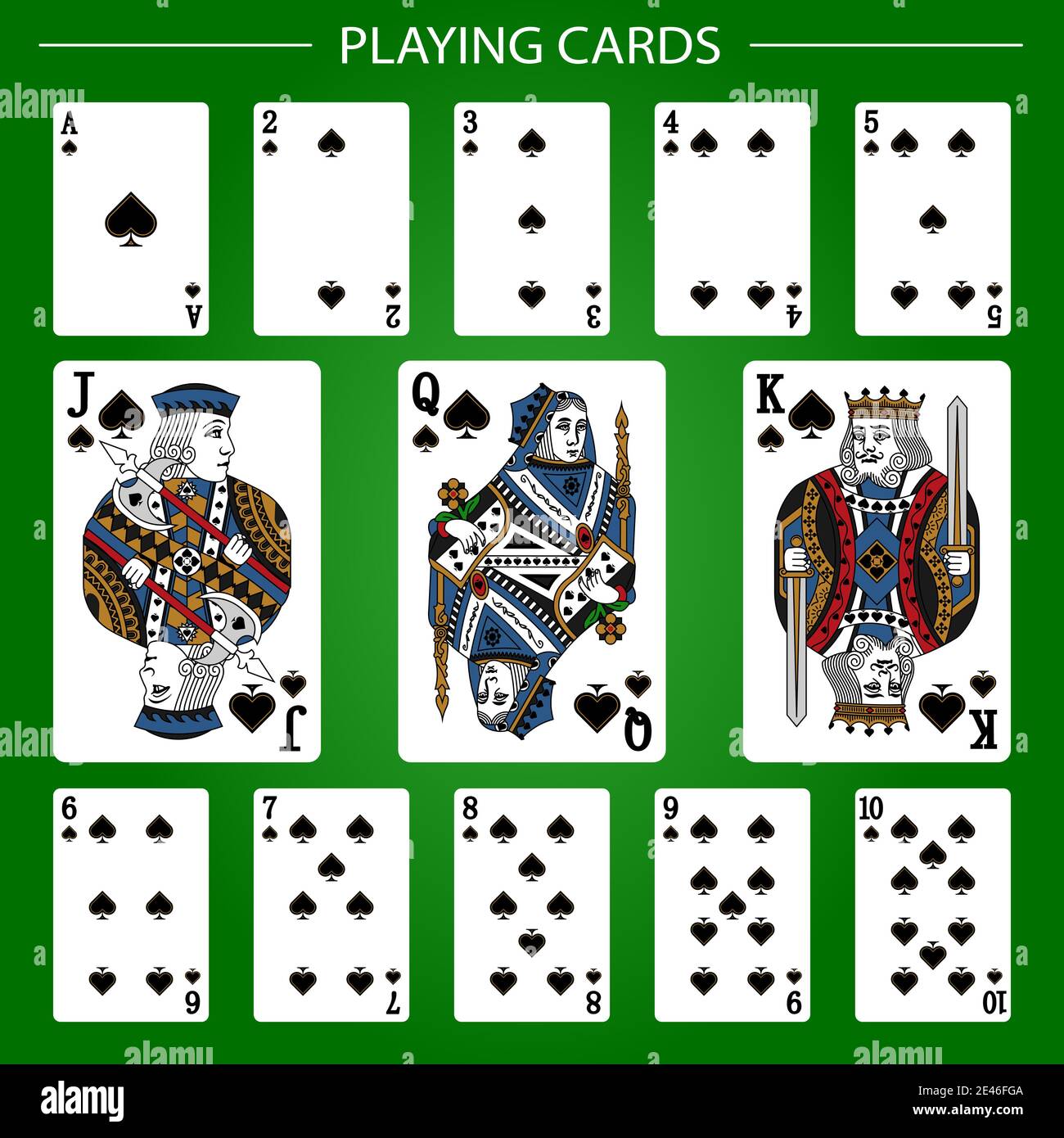 Playing cards of Spades suit on a green background. Vector illustration