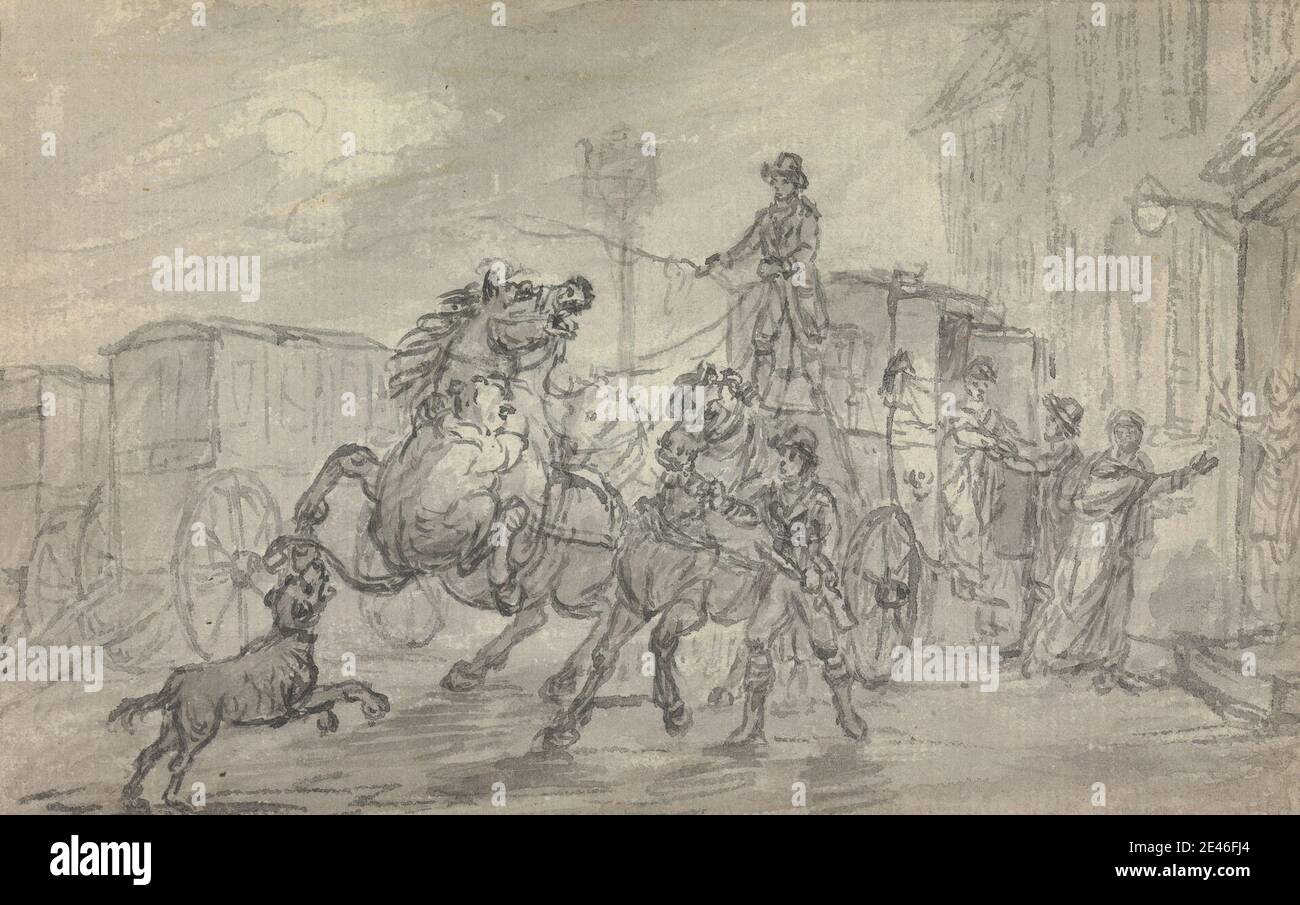 Julius Caesar Ibbetson, 1759â€“1817, British, A Lioness Attacking the Off-Leader of the Exeter Mail Coach Outside the Pheasant Inn, Winterslow, on the Night of 20 October 1816, undated. Pen, in gray ink and gray wash on medium, moderately textured, blued white, laid paper.   attacking , coach , genre subject , horses (animals) , inn , lioness , mailing , men , post chaise , women. England , Europe , United Kingdom , Wiltshire Stock Photo