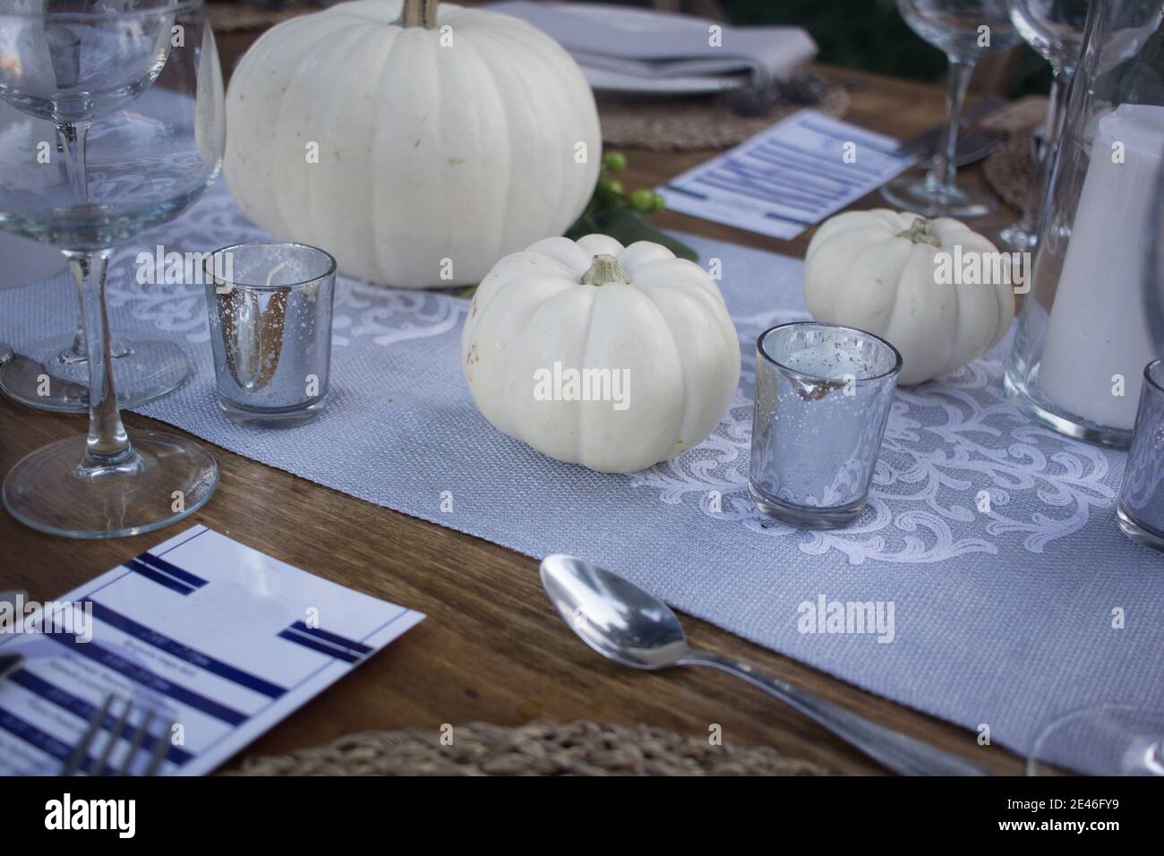 Elegant dinner table served on a garden Stock Photo