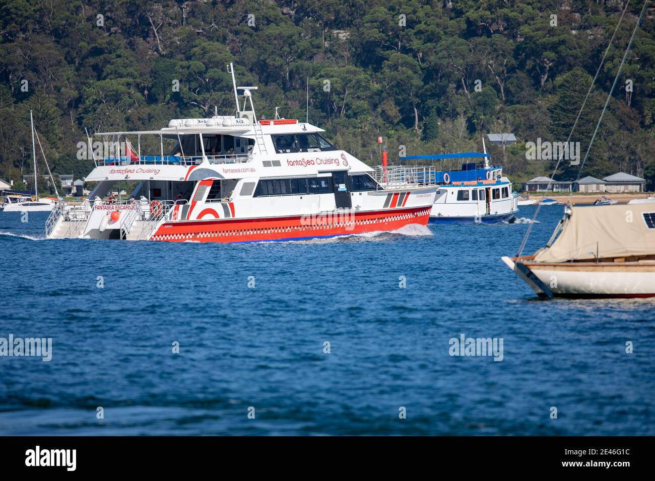 Fantasia ferry boat on Pittwater at Palm Beach travelling to central coast,NSW,Australia Stock Photo