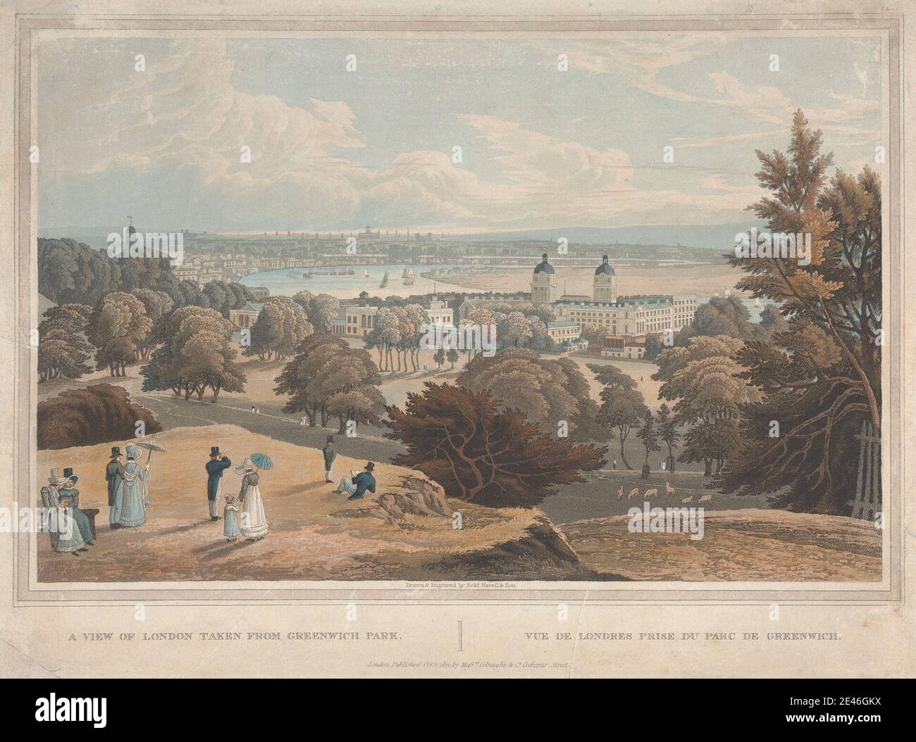 Engraved by Robert Havell, 1769â€“1832, British, A View of London taken from Greenwich Park, 1820. Hand-colored aquatint. Stock Photo