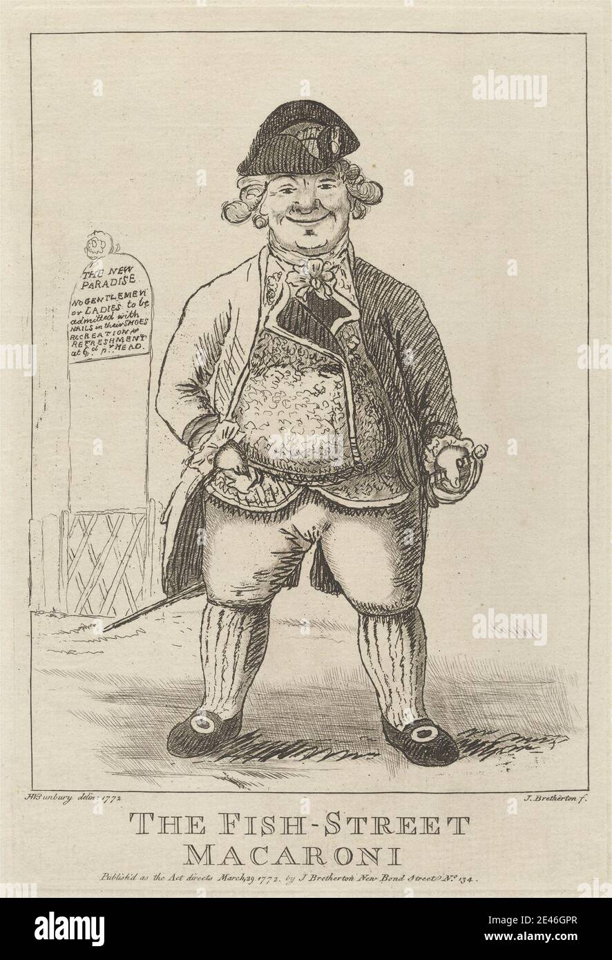 Print made by James Bretherton, ca. 1730â€“1806, British, The Fish-Street Macaroni, 1772. Etching on moderately thick, moderately textured, blued white laid paper.   breeches (trousers) , costume , cravat , entertainment , fashion , gardens , gate , genre subject , grin , humor , leisure , macaroni , man , ornament , parody , pattern (design element) , pleasure garden , ruffles , satire , sign , smiling , sword , tricorne , wig Stock Photo