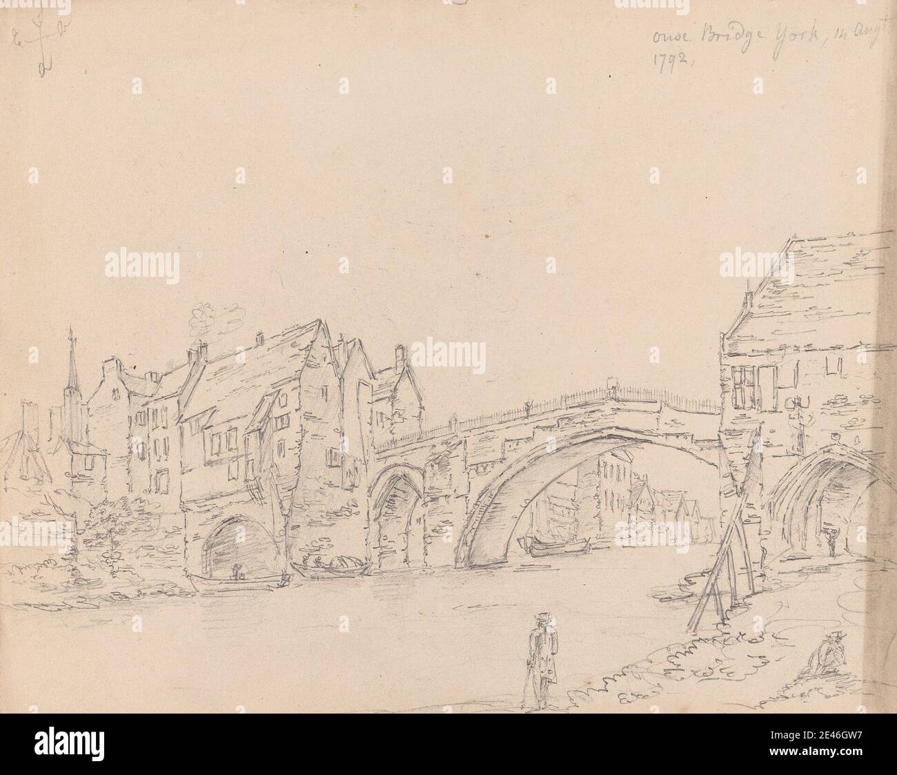 James Moore, 1762â€“1799, British, Ouse Bridge, York, 1792. Graphite on medium, slightly textured, beige, wove paper.   architectural subject , boats , bridge (built work) , buildings , figures , river. England , Ouse , York Stock Photo