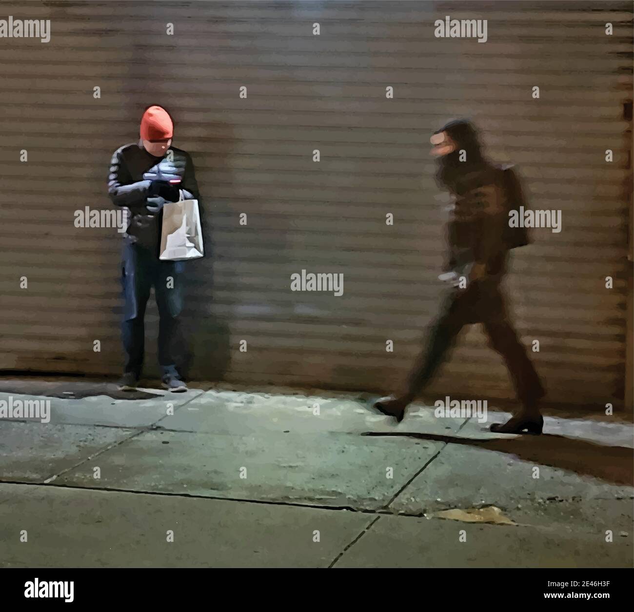 New York City sidewalk scene on a cold winter night. Stock Vector